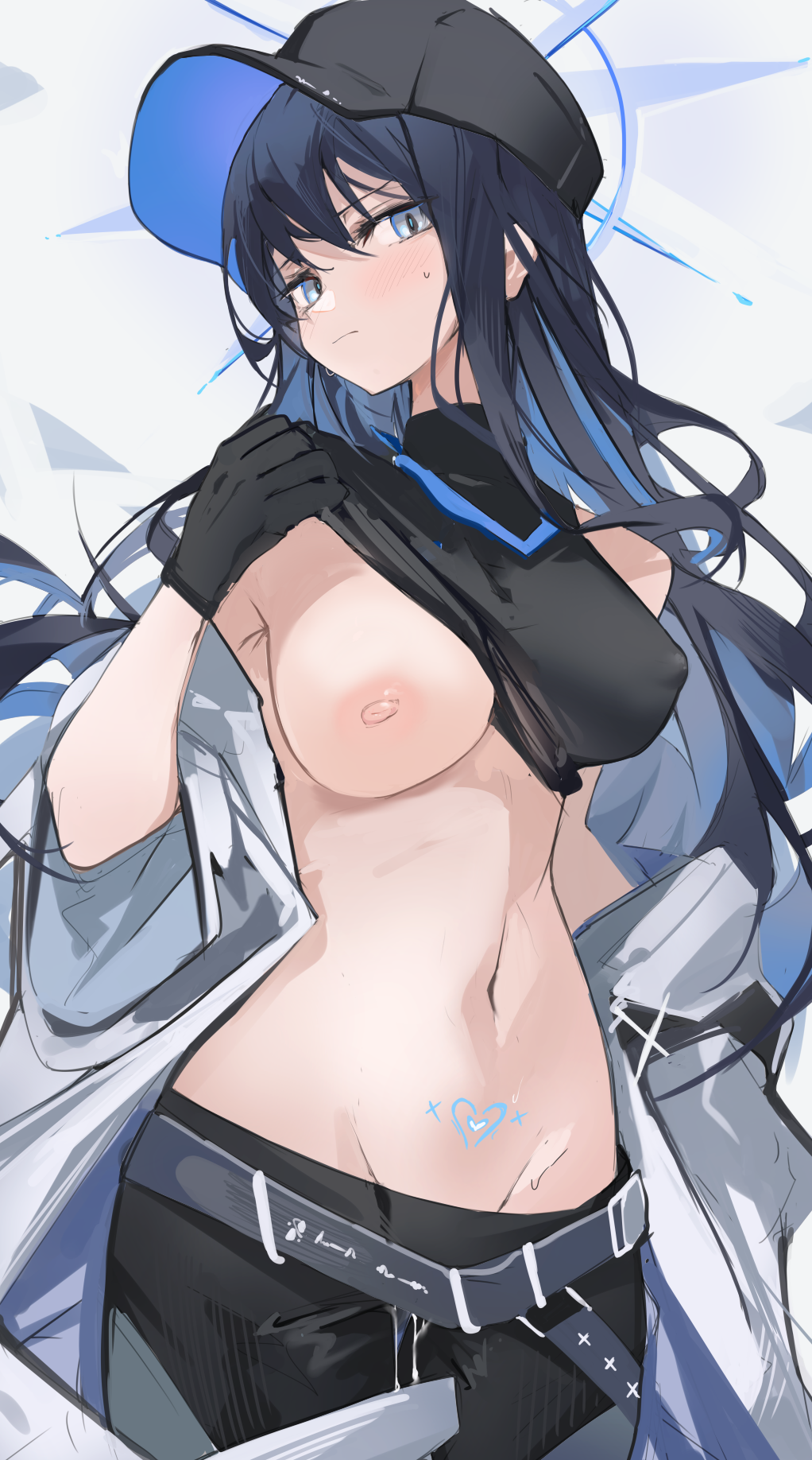 arius satellite school student, arius squad (blue archive), black gloves, black hair, black headwear, blue archive, blue eyes, blue hair, breasts, commentary request, female, gloves, halo, hat, heart, heart tattoo, highres, lifted by self, long hair, looking at viewer, medium breasts, mikozin, multicolored hair, navel, nipples, pubic tattoo, saori (blue archive), solo, tattoo, two-tone hair, white background