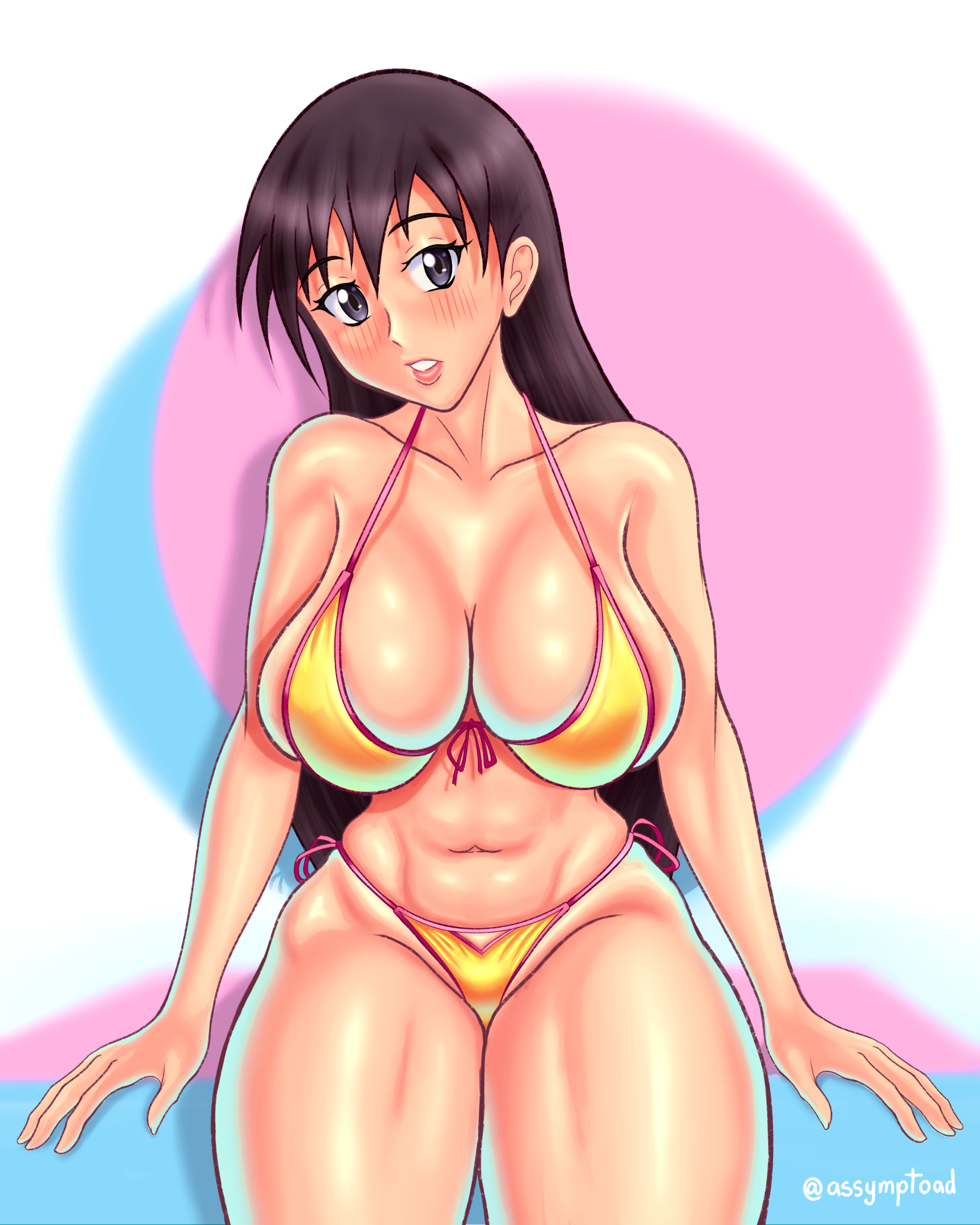 1girls, 2022, absurd res, artist name, assymptoad, azumanga daiou, bikini, black eyes, blush, breasts, brown hair, cleavage, female, g-string, g-string only, hi res, huge breasts, lipstick, long hair, looking at viewer, sakaki, side-tie bikini, sideboob, signature, sitting, solo, swimsuit, thick thighs, very long hair, wide hips, yellow bikini, yellow swimsuit