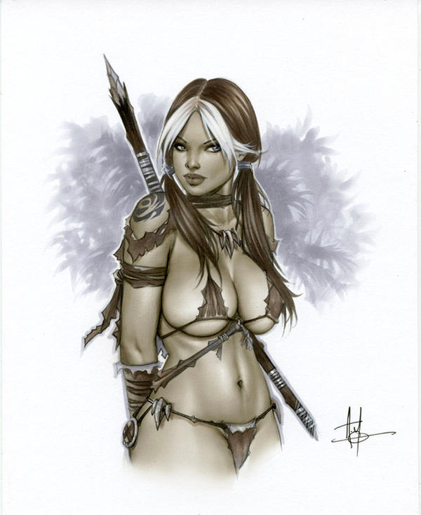 1girls alex_miranda anna_marie bikini brown_hair female female_only huge_breasts jungle_girl loincloth long_hair marvel marvel_comics multicolored_hair rogue_(x-men) savage_land solo spear tooth_necklace torn_clothes twintails voluptuous white_hair x-men