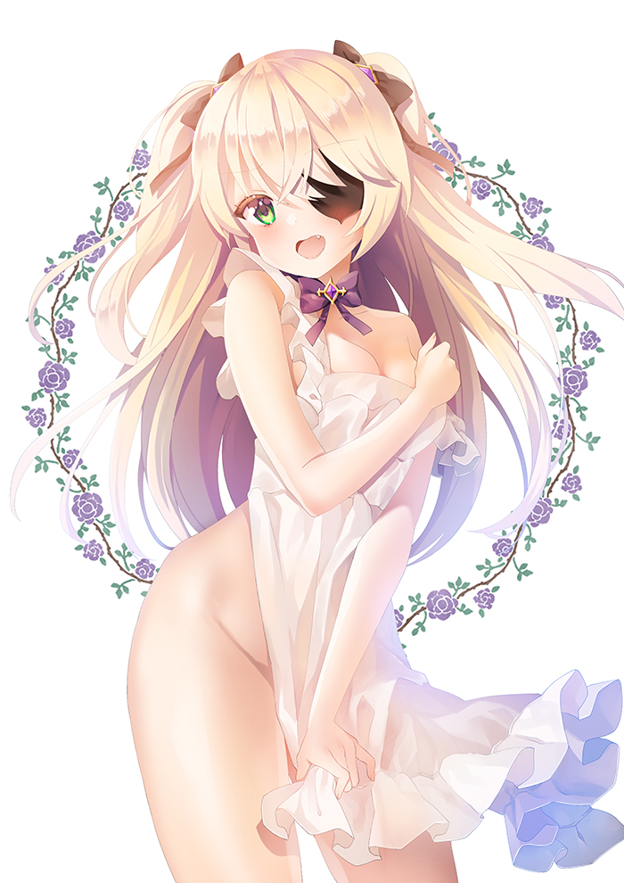apron, blonde female, blonde hair, covering, cute, embarrassed, eyepatch, female, fischl (genshin impact), genshin impact, green eyes, tights, twintails
