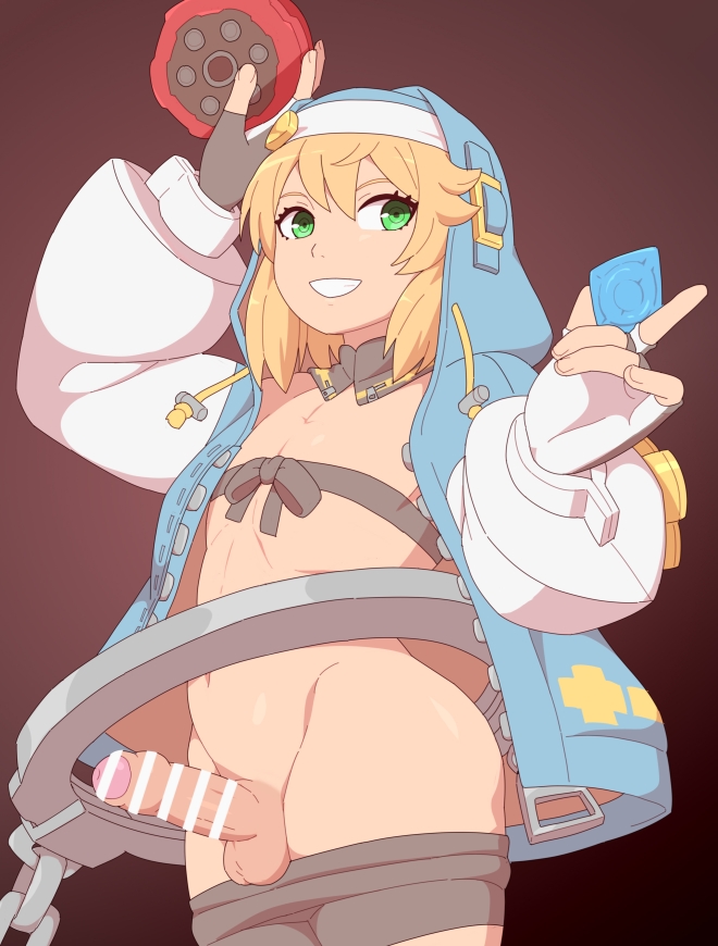 1boy balls blonde_hair bridget bridget_grin censor_bar censored condom erection femboy fingerless_gloves gloves green_eyes guilty_gear guilty_gear_strive holding_condom kabeume male male_only penis shorts shorts_down smile solo solo_male standing testicles thighs