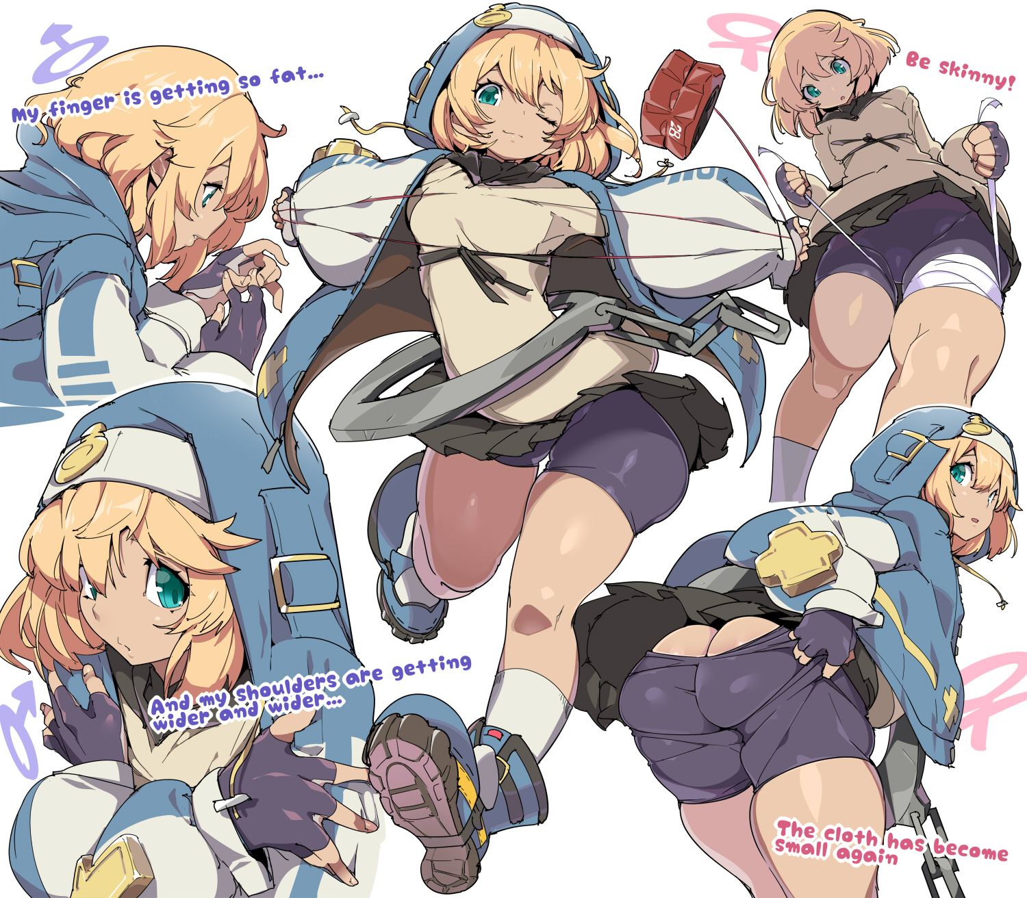 1boy, ass, big ass, big butt, blonde hair, blue eyes, bridget, chris (mario), dialogue, english text, femboy, fully clothed, guilty gear, guilty gear strive, hood, male, male only, multiple views, shorts, solo, solo focus, spandex shorts, text, thick thighs, thighs, trap, white background, yo-yo