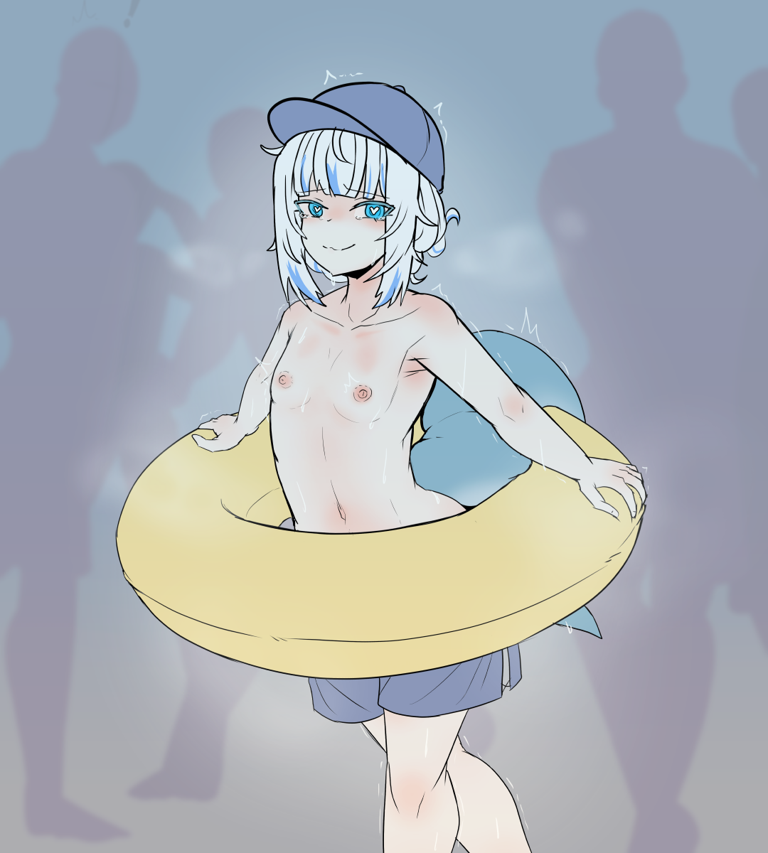 1girls, androgynous, baseball cap, blue eyes, breasts, female, fish tail, flat chest, gawr gura, hat, heart, heart-shaped pupils, highres, hololive, hololive english, hololive myth, innertube, male, male swimwear, male swimwear challenge, moral cacoethes, nipples, public indecency, shark tail, symbol-shaped pupils, tail, virtual youtuber, white hair