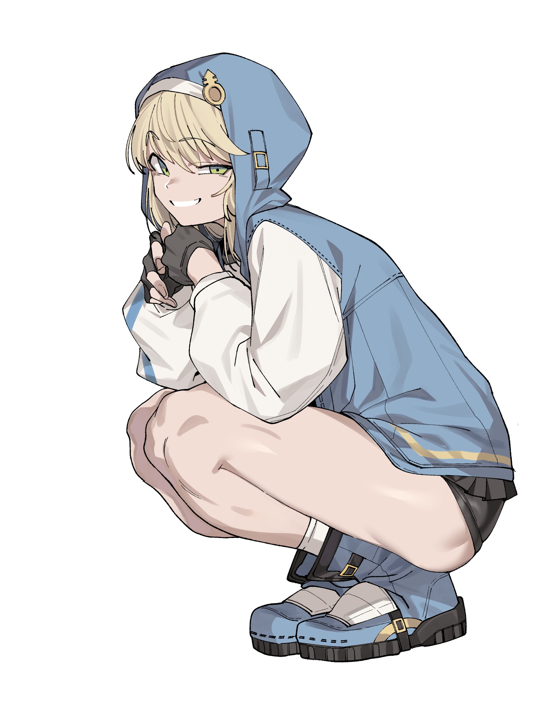 androgynous, black gloves, blonde hair, blue eyes, bridget, bridget grin, crouch, crouched, crouching, fingerless gloves, gloves, guilty gear, guilty gear strive, hood, hoodie, nun hat, nun's habit, seductive smile, smile, smiling, thick, thick thighs, thighs, trans woman, transfem, turquoise eyes, urec