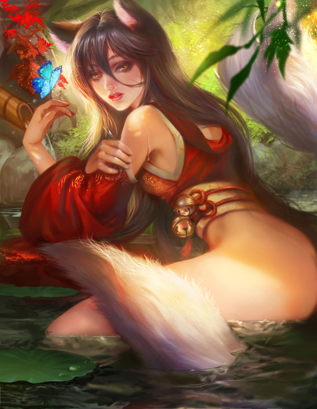 1girls ahri ass ass_focus ass_out big_ass fan_yang female female_only league_of_legends light-skinned_female looking_back painting_(artwork) tail