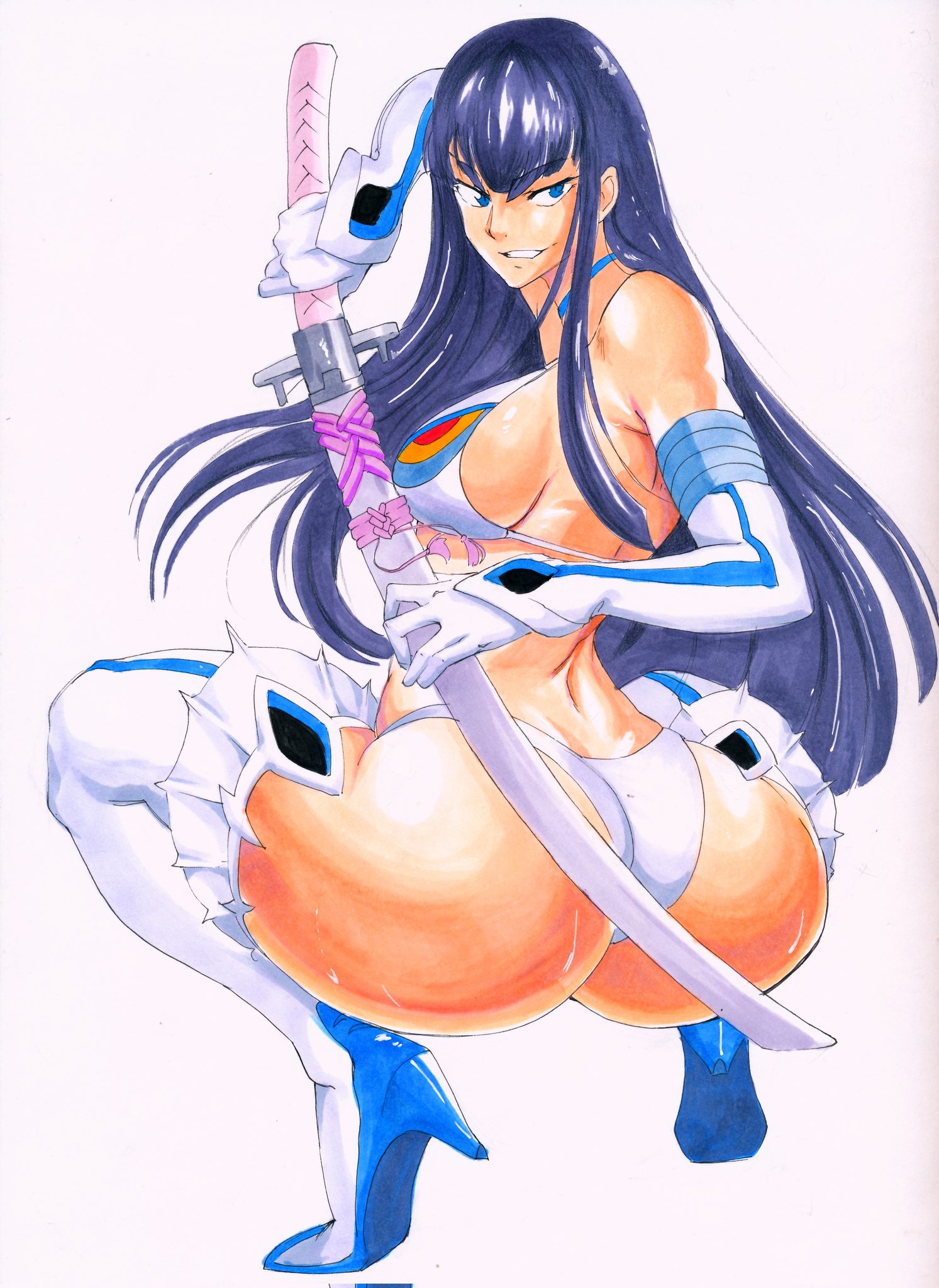 1girls, ass, big ass, bikini, black hair, blue eyes, bubble ass, bubble butt, clothing, female, female only, huge ass, junketsu, kill la kill, kiryuuin satsuki, long hair, looking at viewer, looking back, octavius dp, shoes, smile, solo, squatting, swimsuit, sword, thick thighs, weapon, white background, wide hips