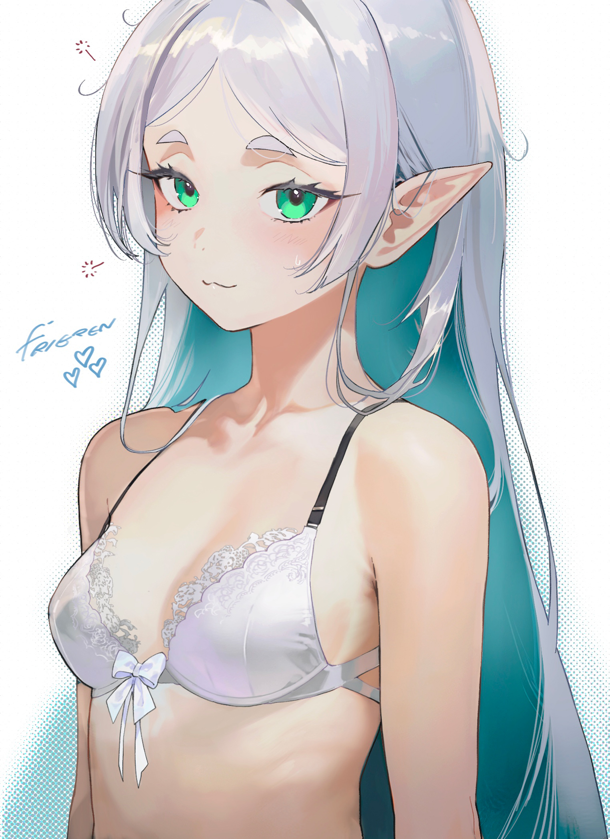:3, 1girls, bare shoulders, blush, bow, bra, breasts, cleavage, collarbone, elf, female, frieren, green eyes, lace trim, lace-trimmed bra, looking at viewer, messy hair, pointy ears, portrait, salmon88, small breasts, solo, sousou no frieren, underwear, white bra, white hair