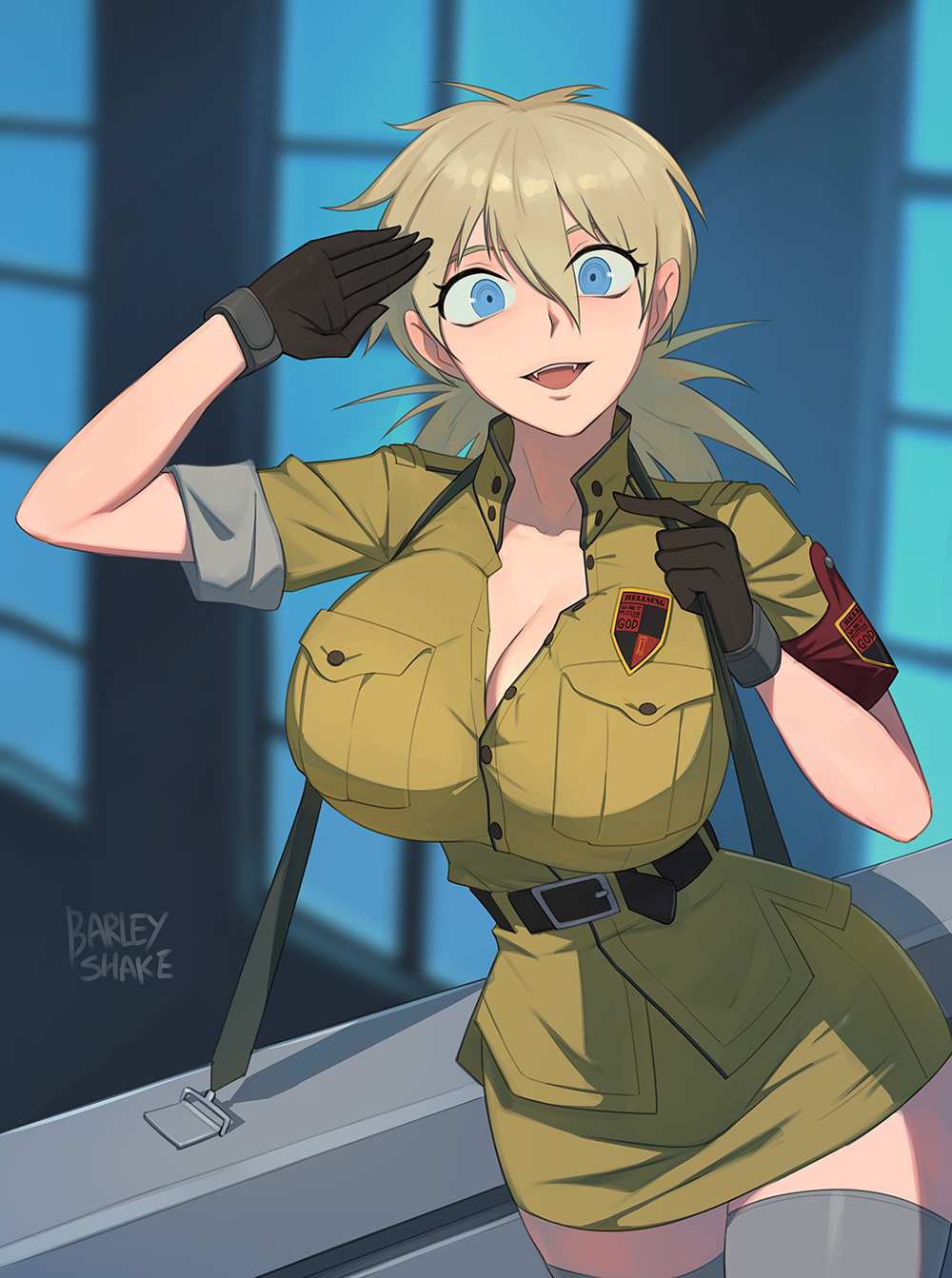 1girls barleyshake big_breasts blonde_female blonde_hair blue_eyes breasts cleavage fangs female hellsing hellsing_ultimate large_breasts salute seras_victoria skirt solo tagme vampire