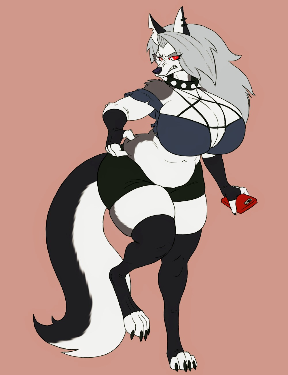 angry, ass, big ass, big breasts, black fur, blueryker, breasts, claws, earrings, female, furry, furry female, helluva boss, holding phone, long hair, loona (helluva boss), navel, plump, red sclera, spiked collar, teeth, two-tone fur, white eyes, white fur, wolf ears, wolf girl, wolf tail