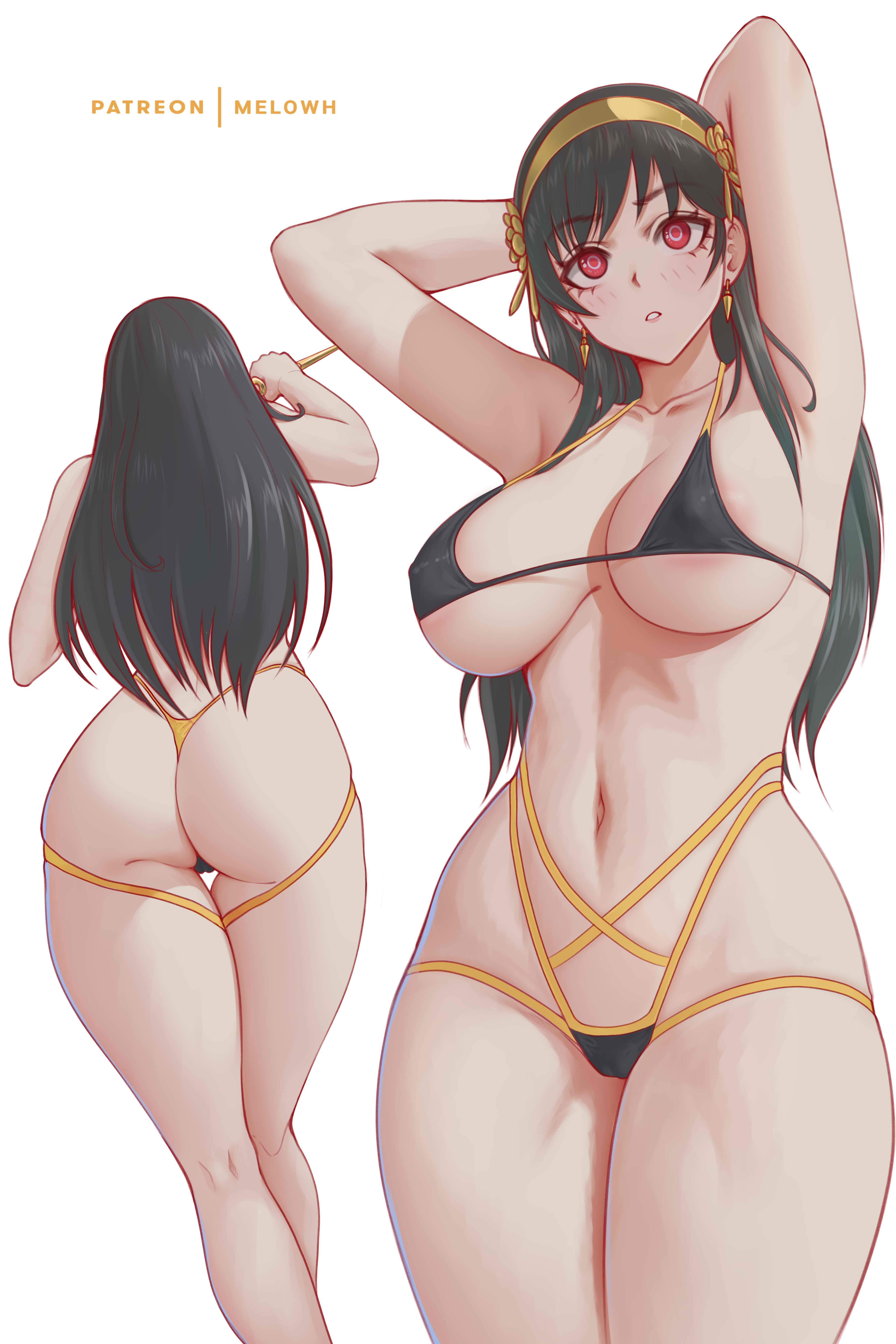 1girls, armpits, ass, assassin, big breasts, bikini, black hair, breasts, female, female focus, female human, female only, human, large breasts, light skin, light-skinned female, long hair, mature female, melowh, pale skin, pale-skinned female, plump ass, red eyes, slim waist, solo, solo female, spy x family, standing, stiletto (weapon), thick thighs, thighs, thong, thorn princess, variant, variant set, wide hips, yor briar, yor forger