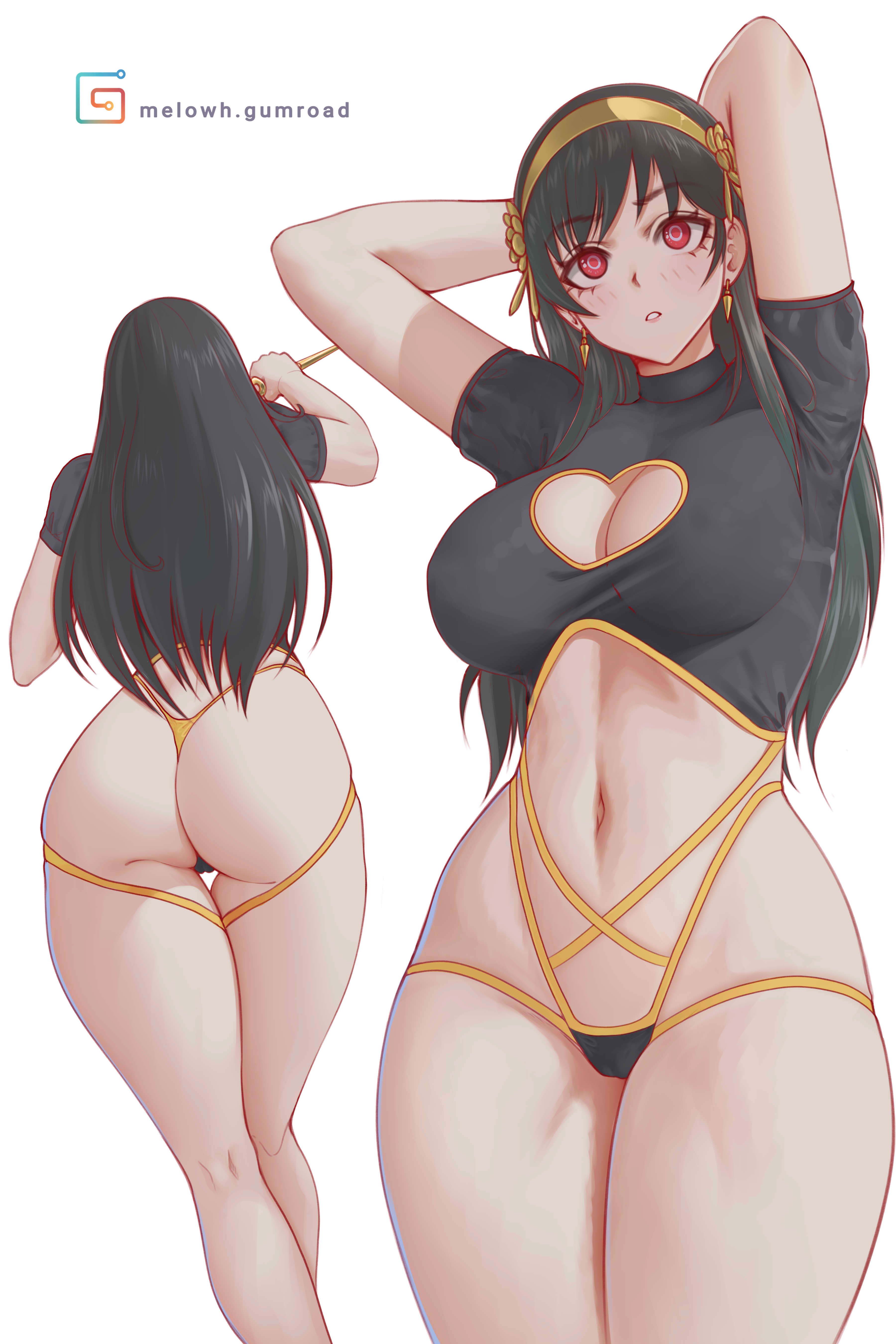1girls, ass, assassin, big breasts, black hair, breasts, female, female focus, female human, female only, fit, fit female, huge breasts, human, large breasts, light skin, light-skinned female, long hair, mature female, melowh, pale skin, pale-skinned female, plump ass, red eyes, slim waist, solo, solo female, spy x family, standing, stiletto (weapon), thick thighs, thighs, thorn princess, variant, variant set, wide hips, yor briar, yor forger