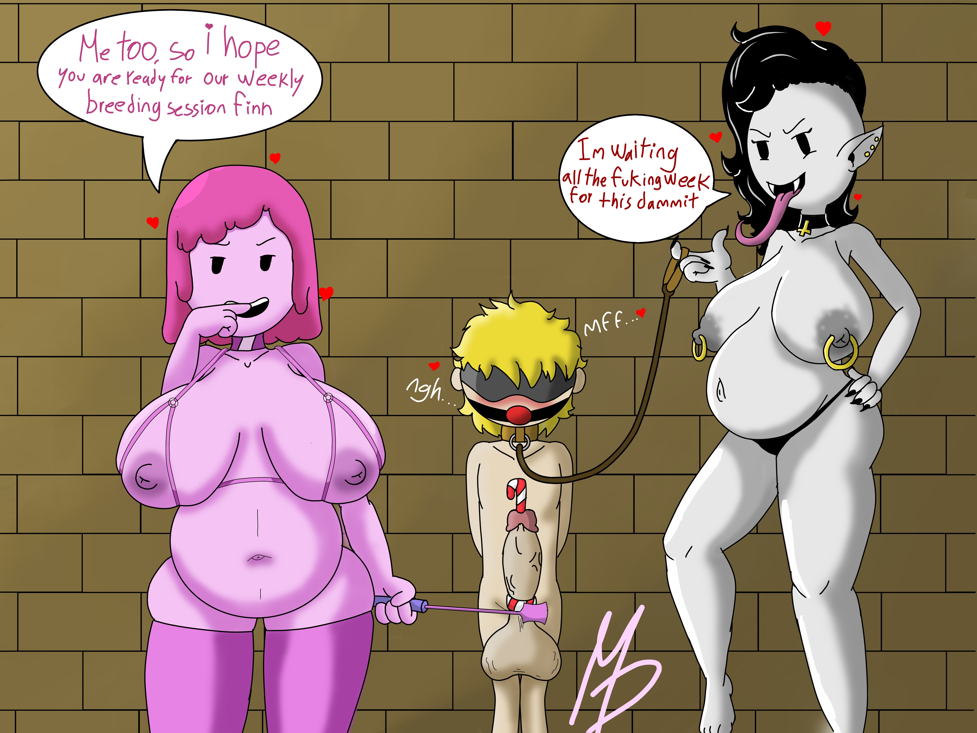 1boy, 2girls, adventure time, belly, big belly, big breasts, blindfold, bondage, breasts, collar, dialogue, erection, female, femdom, finn the human, gag, leash, male, male urethral insertion, marceline, multiple females, multiple girls, multiple pregnancies, nipple piercing, nipples, penile urethral insertion, penis, piercing, pregnant, princess bubblegum, riding crop, sounding, text, urethral insertion
