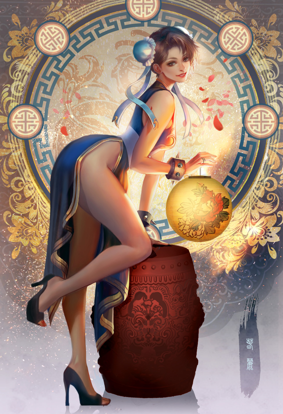 1girls ass big_ass chinese chinese_clothes chun-li fan_yang female female_only heels light-skinned_female looking_back painting_(artwork) presenting_hindquarters street_fighter thick_thighs