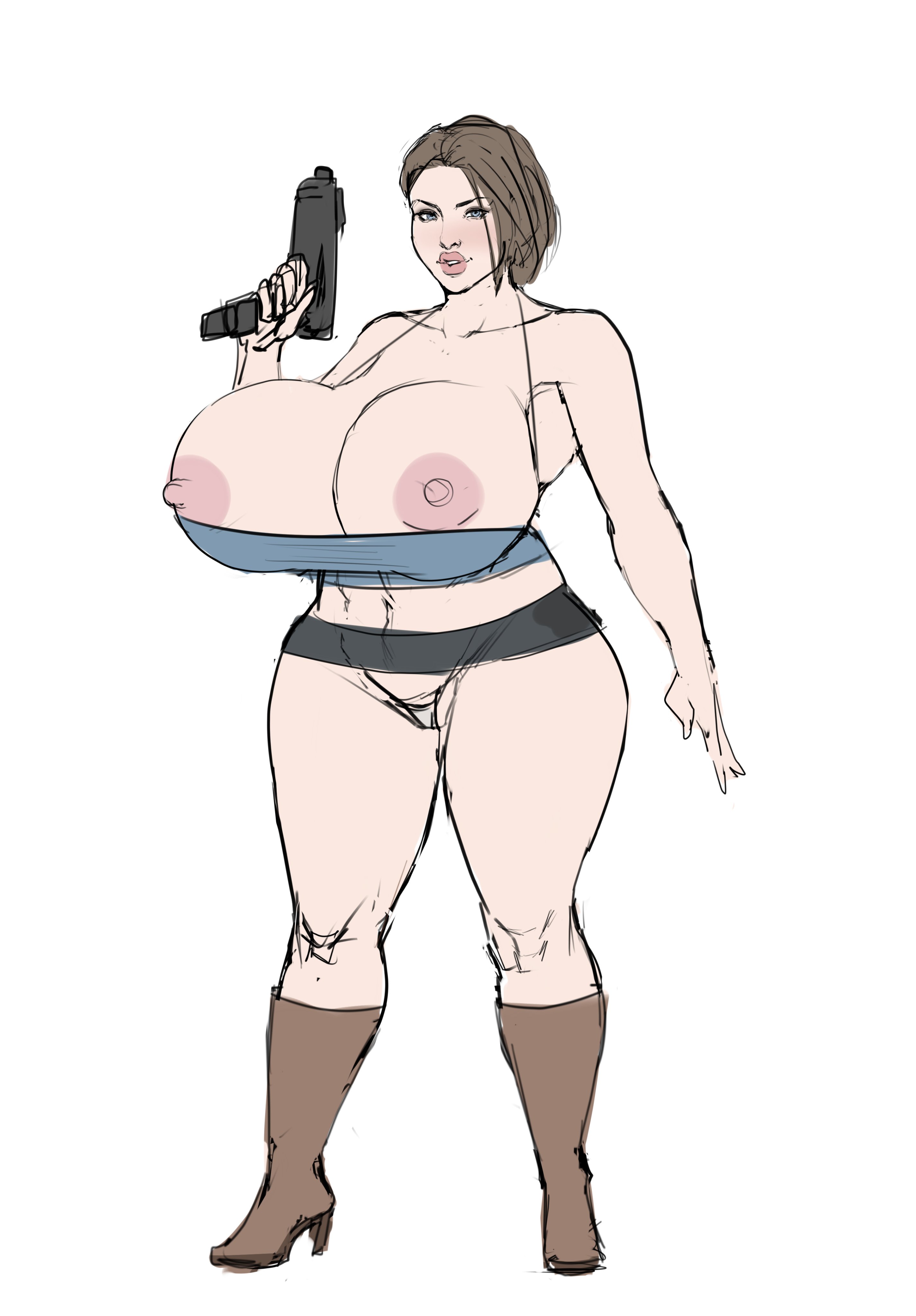 abs, areolae, barely clothed, big breasts, bimbo, bimbo lips, blue eyes, boots, breasts, capcom, exposed breasts, exposed nipples, female, high heel boots, high heels, huge breasts, jill valentine, jill valentine (sasha zotova), large breasts, looking at viewer, looking back, nipples, pose, posing, pubic hair, resident evil, resident evil 3, resident evil 3 remake, revealing clothes, short hair, short skirt, skimpy, skimpy clothes, skirt, thick, thick lips, thick thighs, thong, tight clothing, venus body, voluptuous, white background, wide hips, ysr3215