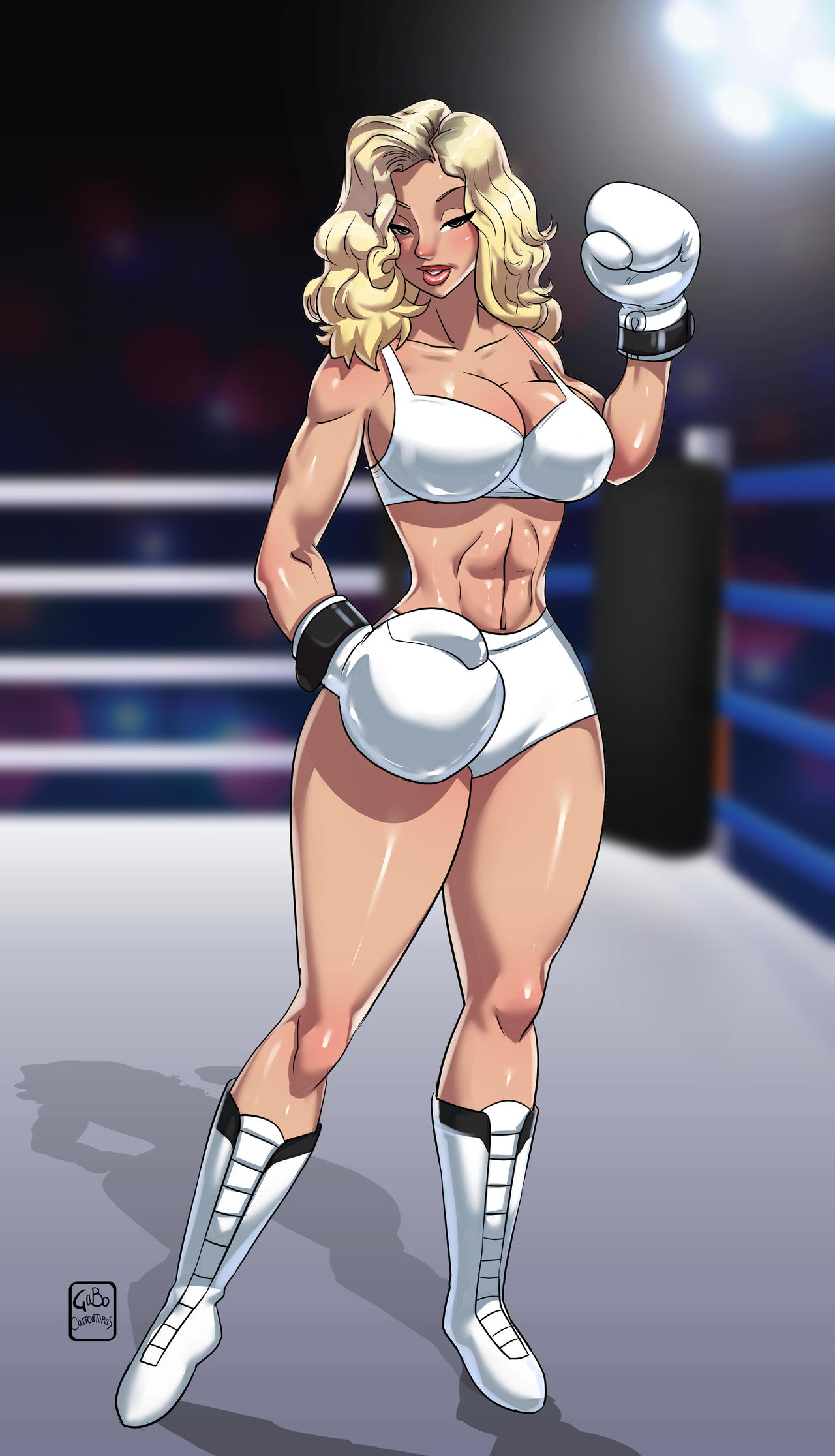 1girls 2022 abs artist_name athletic athletic_female bedroom_eyes boxer boxing boxing_gloves boxing_ring boxing_stance breasts cleavage commission eyebrows eyelashes eyes female female_focus fighter fit fit_female gabocaricaturas gloves grey_eyes hair half-closed_eyes heather_bradshaw hips human humanoid legs light-skinned_female light_skin lips midriff original original_character platinum_blonde_hair shoes shoulder_length_hair thick thick_hips thick_legs thick_thighs thighs toned toned_female voluptuous watermark white_boxing_gloves white_bra white_gloves white_shoes wide_hips