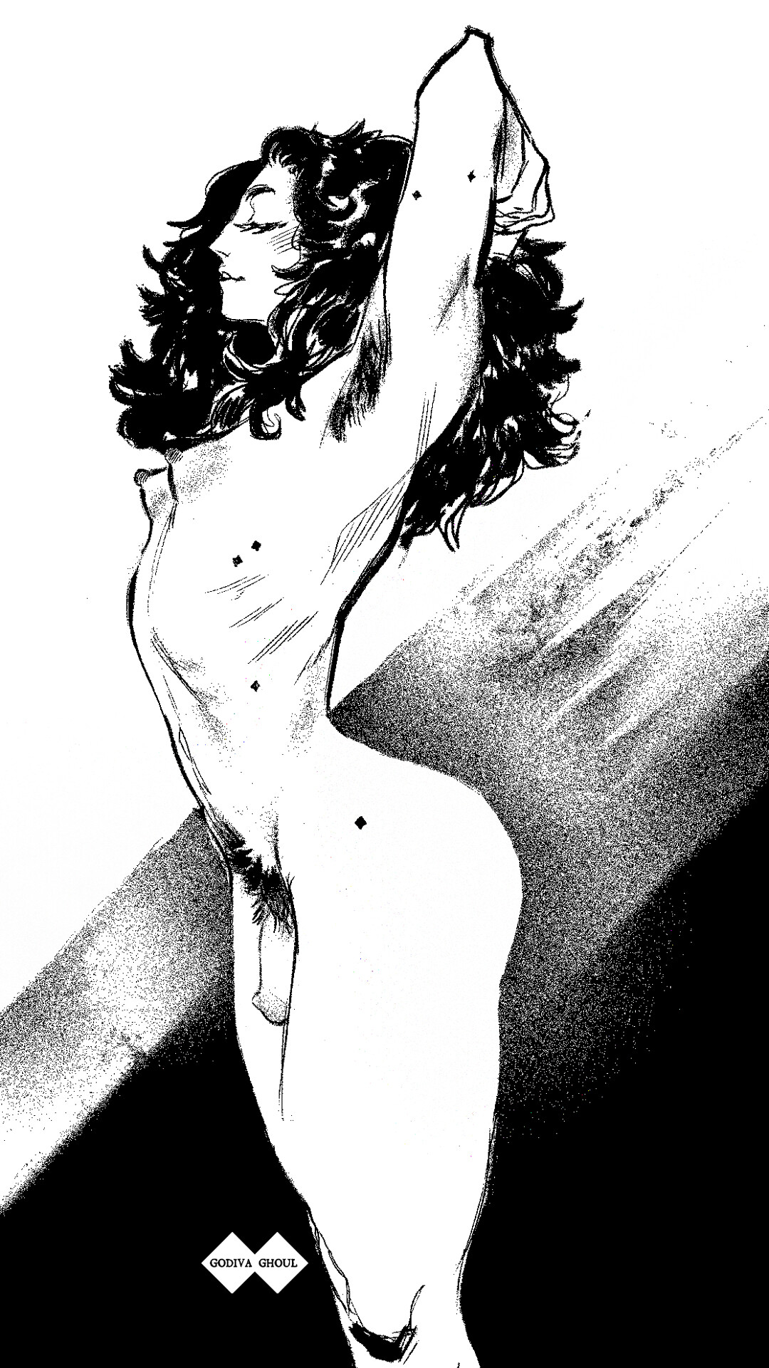 1futa, abstract background, arched back, armpit hair, armpits, arms above head, artist name, artistic, artistic nude, ass, black hair, breasts, closed eyes, flaccid, futanari, godiva ghoul, intersex, monochrome, nipples, nude, original, original character, penis, perky breasts, pubic hair, ribs, small breasts, solo, stretching, tasteful nudity, thighs