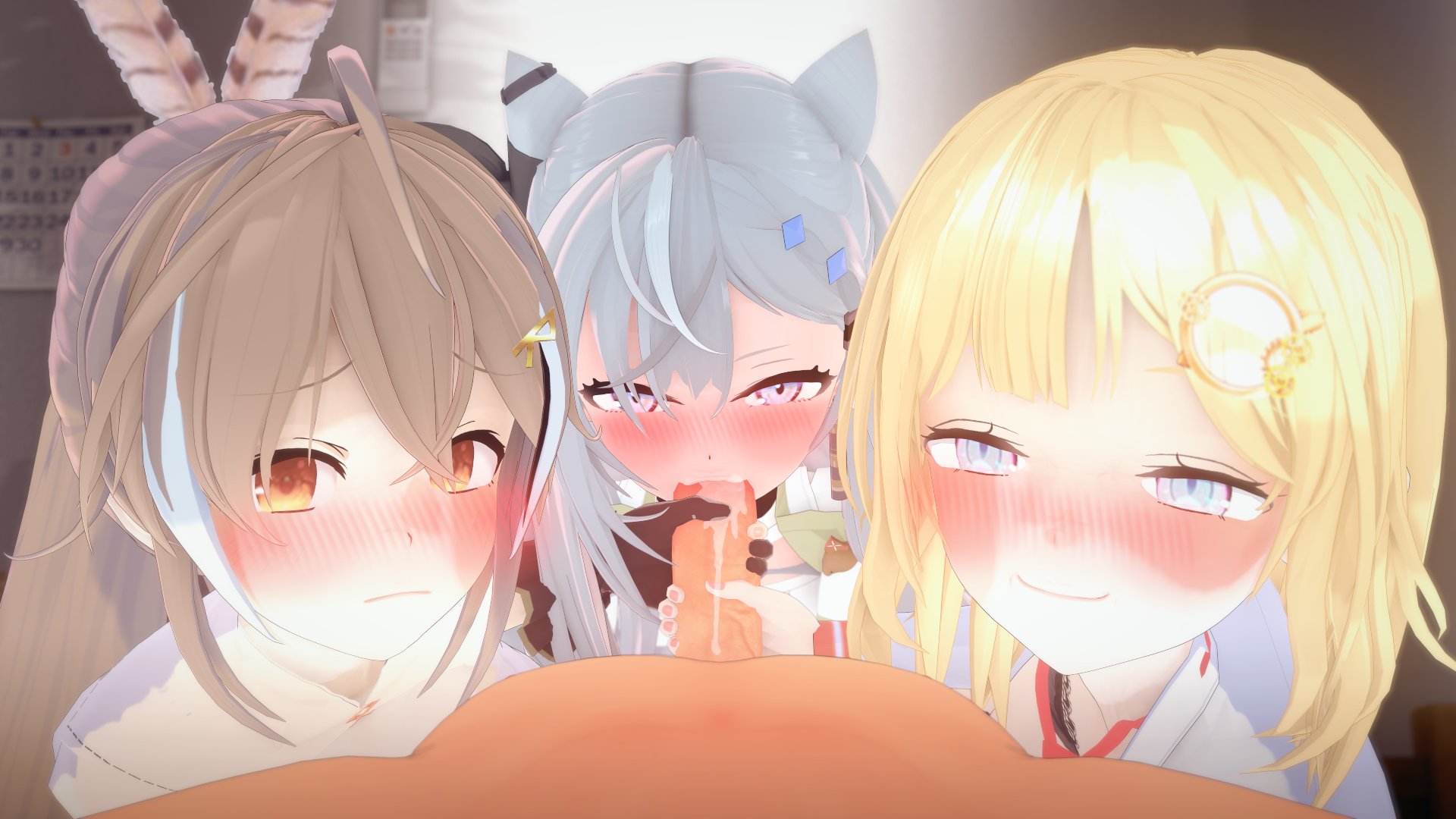 1boy, 3d, 3girls, assisted fellatio, blonde hair, blue eyes, blush, brown hair, clothed female, clothed female nude male, clothed sex, deep blush, erect penis, erection, fellatio, female, femdom, fffm foursome, foursome, glove, gloved handjob, hair ornament, handjob, heavy blush, hololive, hololive english, hololive english -council-, hololive english -promise-, hololive indonesia, hololive indonesia holoh3ro, hololive myth, horny female, indoors, light skin, light-skinned female, light-skinned male, looking at viewer, male, male pov, malesub, nanashi mumei, nose blush, penis, pink eyes, pov, pov eye contact, saliva, silver hair, threesome, vestia zeta, virtual youtuber, wataamage, watson amelia, yellow eyes