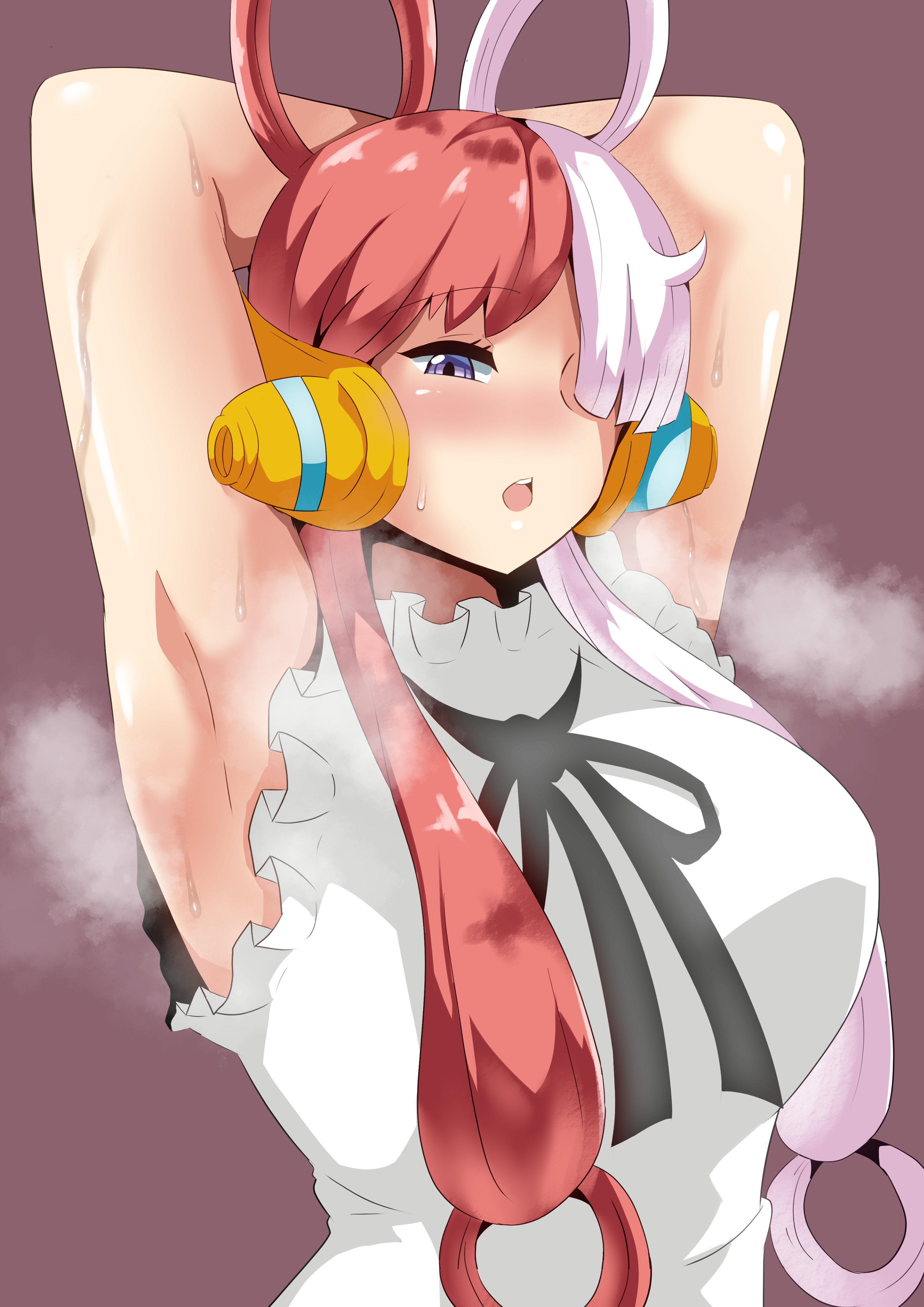 1girls, armpits, arms up, big breasts, black ribbon, blush, braid, braided twintails, breasts, cielr18, eyebrows visible through hair, female, female only, frills, hair over one eye, headphones, long hair, looking at viewer, one piece, one piece film red, open mouth, ponytail, ponytails, purple background, purple eyes, red hair, red-haired female, ribbon, simple background, solo, solo female, steam, steaming body, sweat, sweatdrop, two-tone hair, upper body, uta (one piece), white dress, white hair, white-haired female