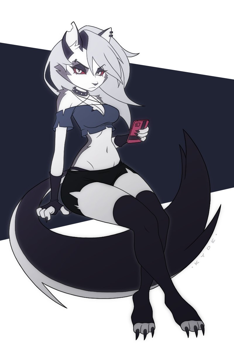 1girls 2d_(artwork) canid canid_demon canine clothing demon demon_girl furry hellhound helluva_boss high_resolution kyde legwear long_hair loona_(helluva_boss) mammal multicolored_fur panties phone red_eyes shirt smartphone solo_female tail wolf