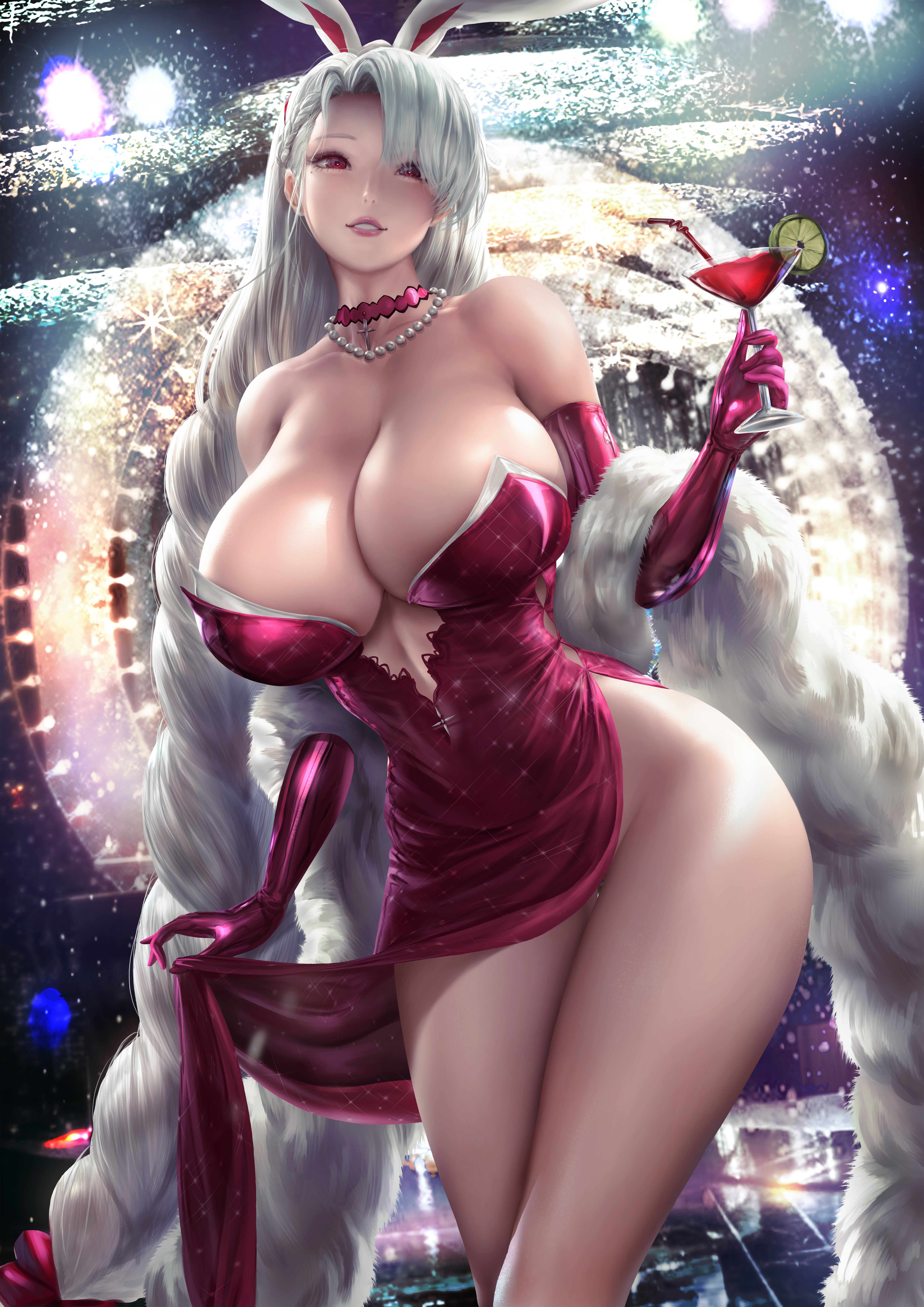 1girls, absurd res, absurdres, arm length gloves, azur lane, bangs, bare shoulders, bare thighs, beverage, big breasts, blonde female, braided hair, breasts, bunny ears, busty, choker, cleavage, clothed, clothed female, clothing, cup, curvaceous, curvy, curvy female, cute face, dress, drink, female, female focus, female only, fit, fit female, gloves, high resolution, highres, hips, holding beverage, holding cup, holding drink, large breasts, large filesize, lexaiduer, light skin, light-skinned female, long hair, necklace, pearl necklace, prinz heinrich (azur lane), red choker, red dress, red gloves, red hair, smile, smiling, solo, solo female, solo focus, thick thighs, thighs, tied hair, very high resolution, very long hair, white hair, wide hips, wine, wine glass