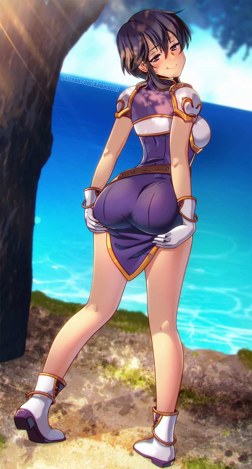 1girls, ass, ass focus, ass grab, big ass, black hair, blush, breasts, cliff, commission, female, female only, fire emblem, fire emblem: genealogy of the holy war, half-closed eyes, highres, kagato007, larcei (fire emblem), looking at viewer, looking back, nintendo, presenting, presenting ass, presenting hindquarters, short hair, smile, solo, tree, water