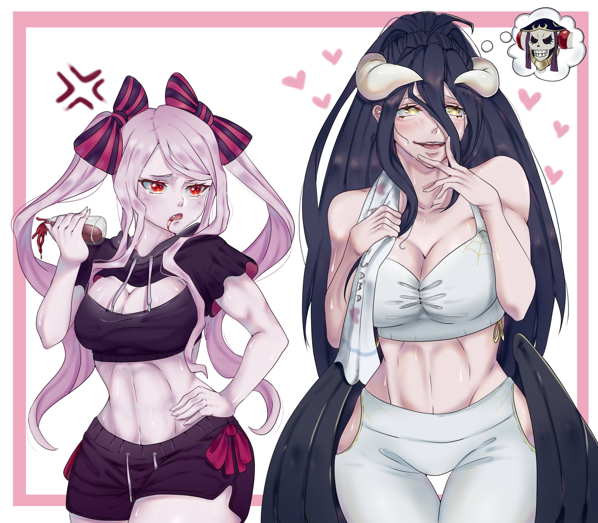 2girls, albedo (overlord), big breasts, black hair, breasts, demon, female, female only, horns, light pink hair, lulutheamazing, multiple females, multiple girls, overlord (maruyama), red eyes, shalltear bloodfallen, succubus, succubus horns, succubus wings, yellow eyes