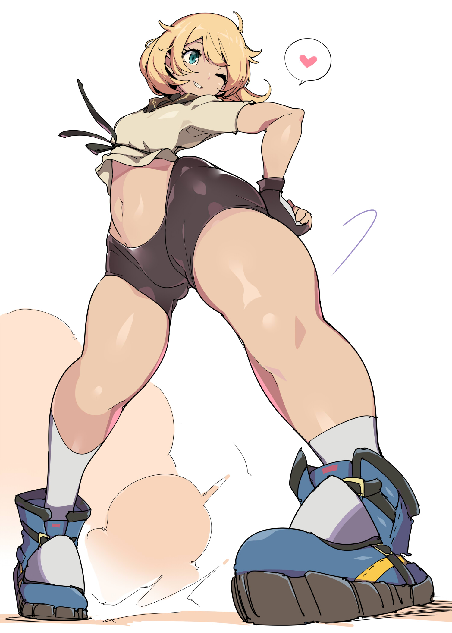 1boy, androgynous, blonde hair, blue eyes, bridget, chris (mario), femboy, fingerless gloves, gloves, guilty gear, guilty gear strive, low-angle view, male, shiny clothes, shorts, solo, solo focus, spandex shorts, spoken heart, standing, thick thighs, thigh, thighs, tight clothing, trap, white background, wide hips