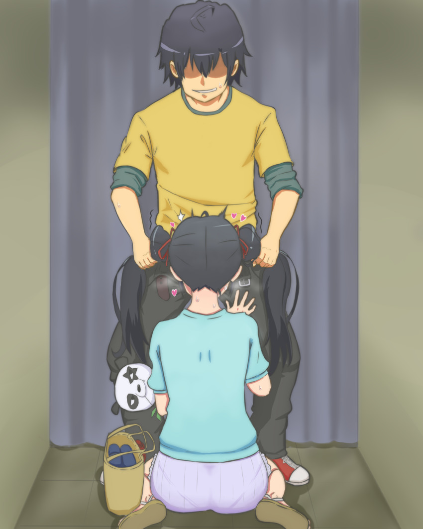 1boy, 1girls, ahoge, ass, black hair, fellatio, female, grabbing another's hair, highres, hikigaya hachiman, male, my teen romantic comedy snafu, on knees, oral, panties, see-through, smile, twintails, underwear, yukinoshita yukino