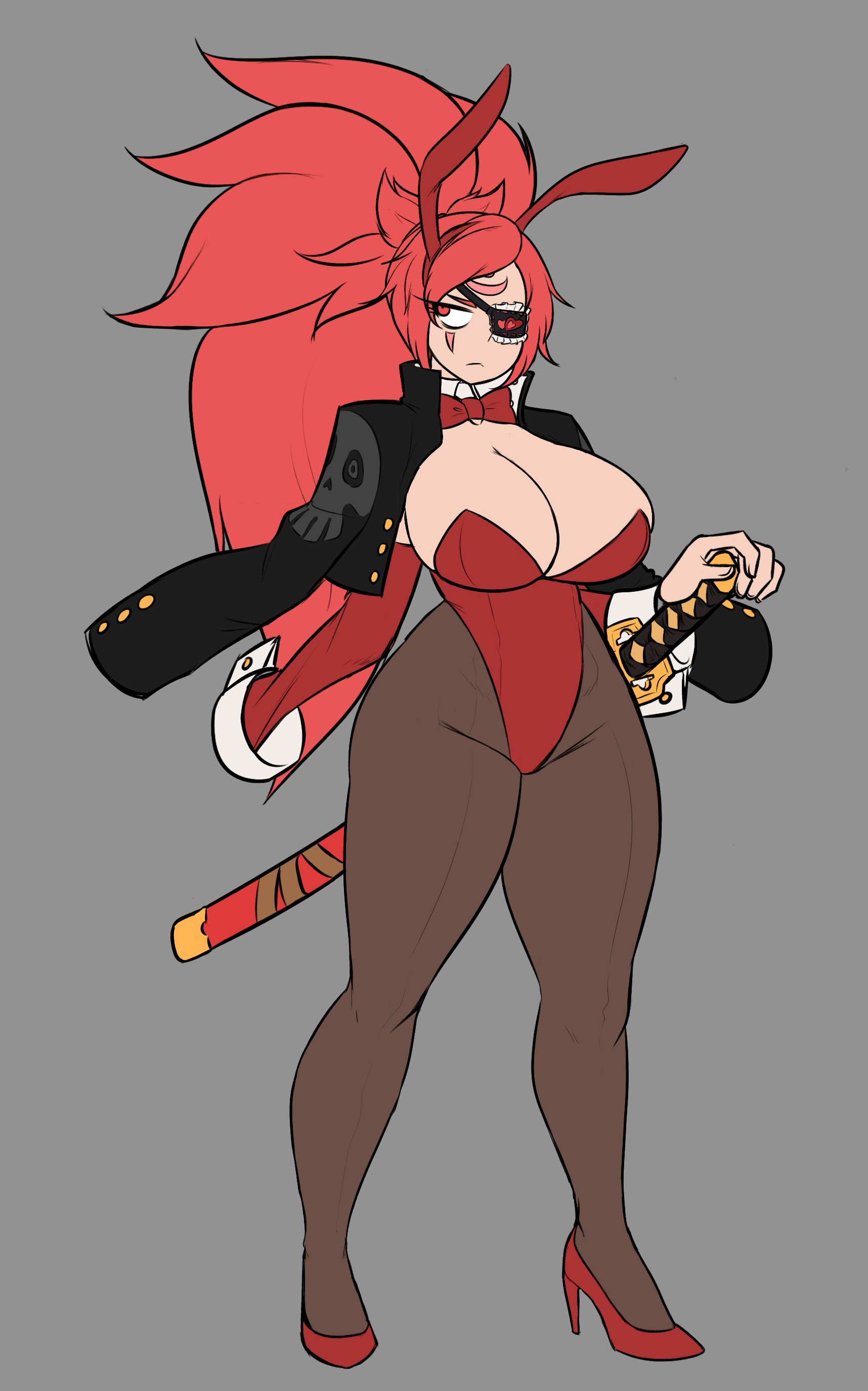1girls, baiken, big breasts, breasts, bunnysuit, clothed female, eye patch, fake animal ears, fake bunny ears, female, female only, fully clothed, guilty gear, light skin, light-skinned female, littlej (zi19191), long hair, red eyes, solo, solo female, tagme