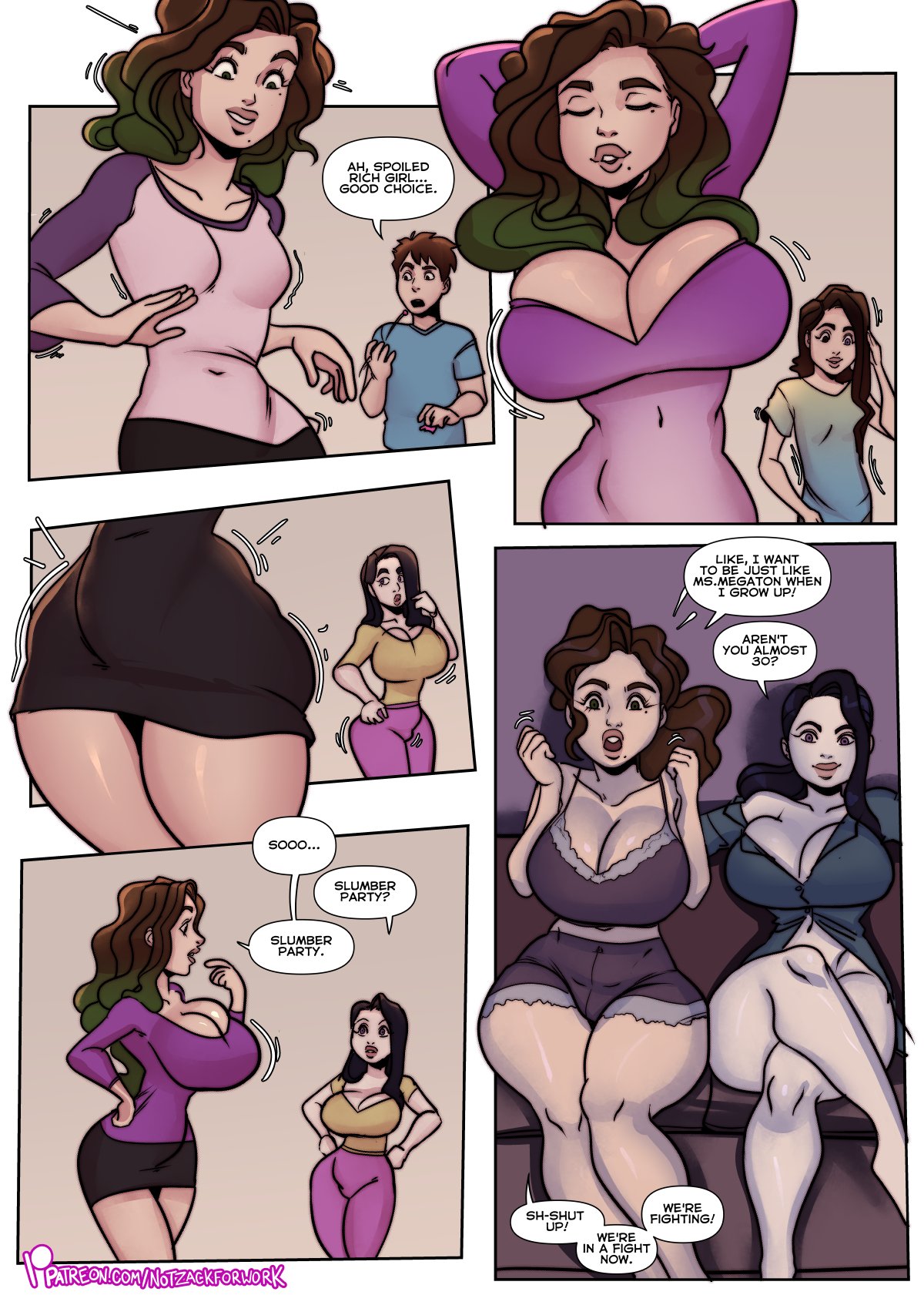 2girls, ass, ass expansion, breast expansion, breast growth, breast growth (enlargement), breasts, candy, cleavage, clothing, comic, dialogue, female, gender transformation, green eyes, huge ass, huge breasts, mtf transformation, multiple females, multiple girls, notzackforwork, rule 63, thick thighs, transformation, two-tone hair