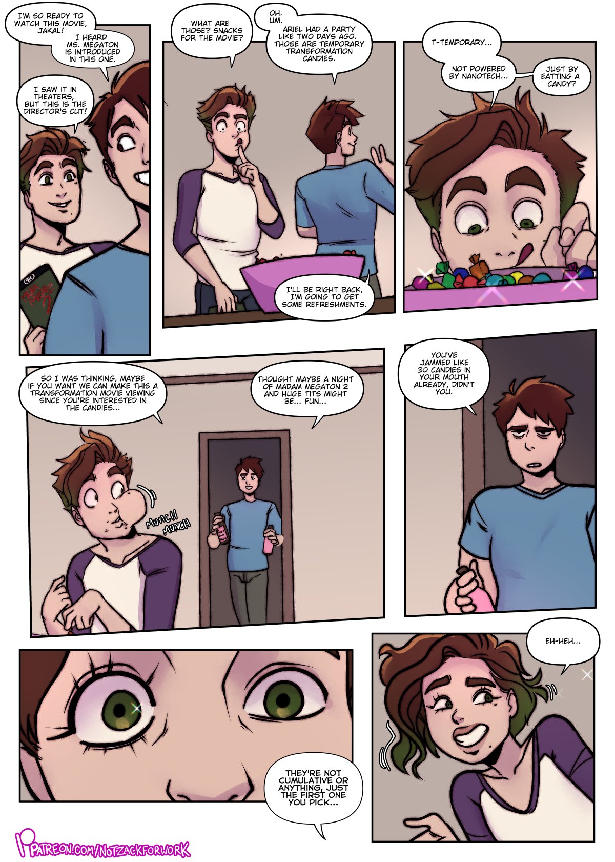2boys, ass expansion, breast expansion, breast growth, breast growth (enlargement), breasts, candy, clothing, comic, dialogue, gender transformation, green eyes, hair growth, male, mtf transformation, notzackforwork, rule 63, transformation, two-tone hair