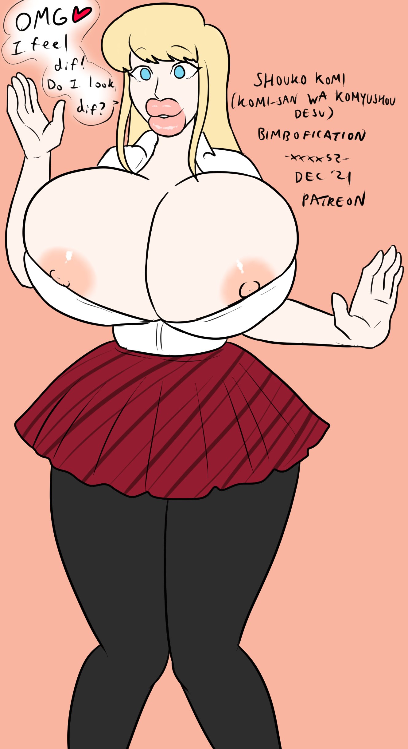 1girls, 2021, asian bimbo, big breasts, big lips, bimbo, bimbofication, blonde hair, blue eyes, brain drain, brainwashing, breast expansion, breast growth, breast growth (enlargement), breasts, breasts bigger than head, color, dated, female, hair color change, komi shouko, komi-san wa komyushou desu, lip expansion, long hair, nipples, no bra, no pupils, pantyhose, personality change, simple background, skirt, solo, solo female, teenage girl, text, text bubble, thick lips, thick thighs, transformation, uniform, white skin, xxxx52