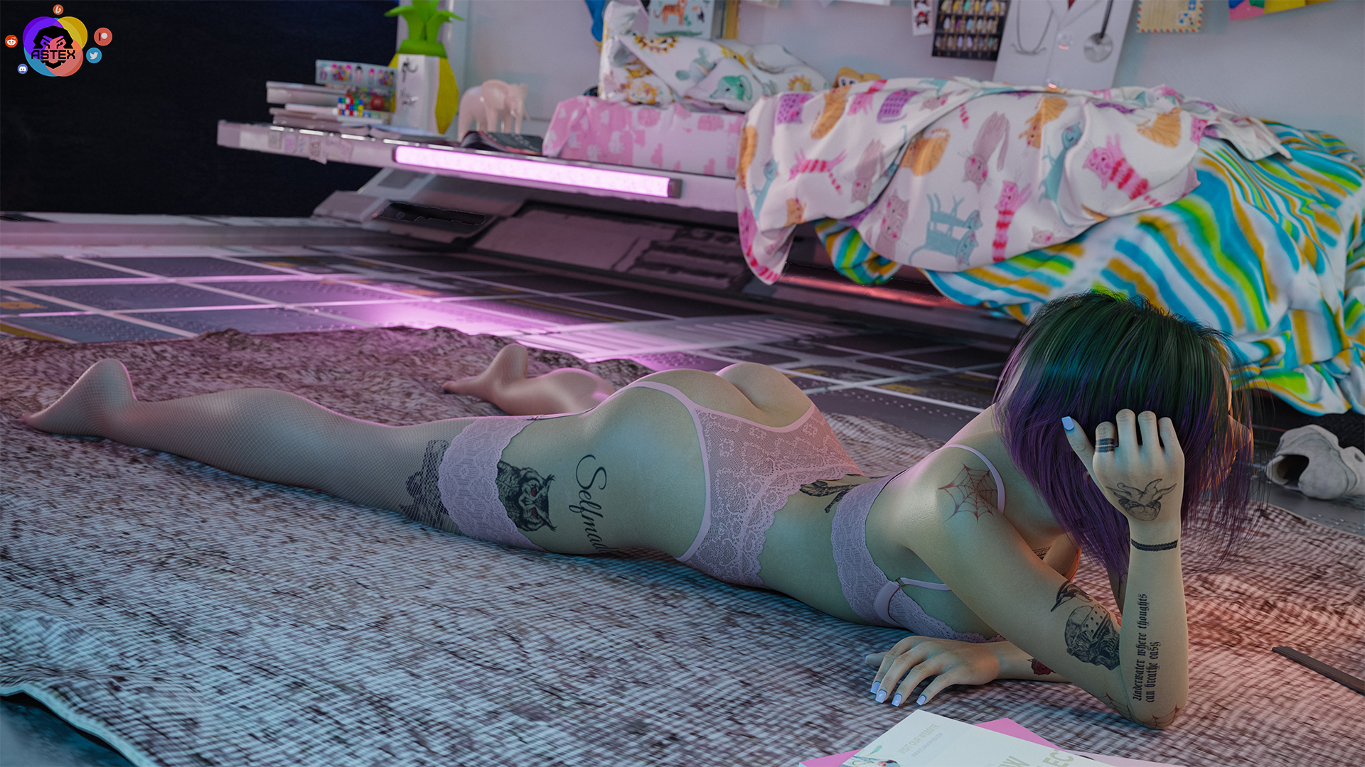 1girls, 3d, 3d (artwork), alternate version available, ass, astex, bra, bubble ass, bubble butt, cd projekt red, cyberpunk 2077, female, female focus, female only, garter, garter belt, garter straps, green hair, hi res, highres, judy alvarez, lace, lace trim, lace-trimmed bra, lace-trimmed legwear, lace-trimmed panties, lace-trimmed thighhighs, legs apart, lingerie, lying on stomach, no panties, purple hair, short hair, solo, solo female, solo focus, stockings, tattoo, tattoo on arm, tattoo on back, tattoo on chest, tattoo on legs, tattooed arm, tattoos, thighhighs, two-tone hair