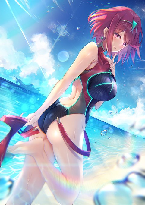 1girls arm_up ass back_view behind_view big_ass big_breasts big_butt blush breasts inoue_takuya_(pixiv_99697) leg_up looking_at_viewer looking_back nintendo pyra_(xenoblade) red_eyes red_hair short_hair smile swimsuit xenoblade_(series) xenoblade_chronicles_2