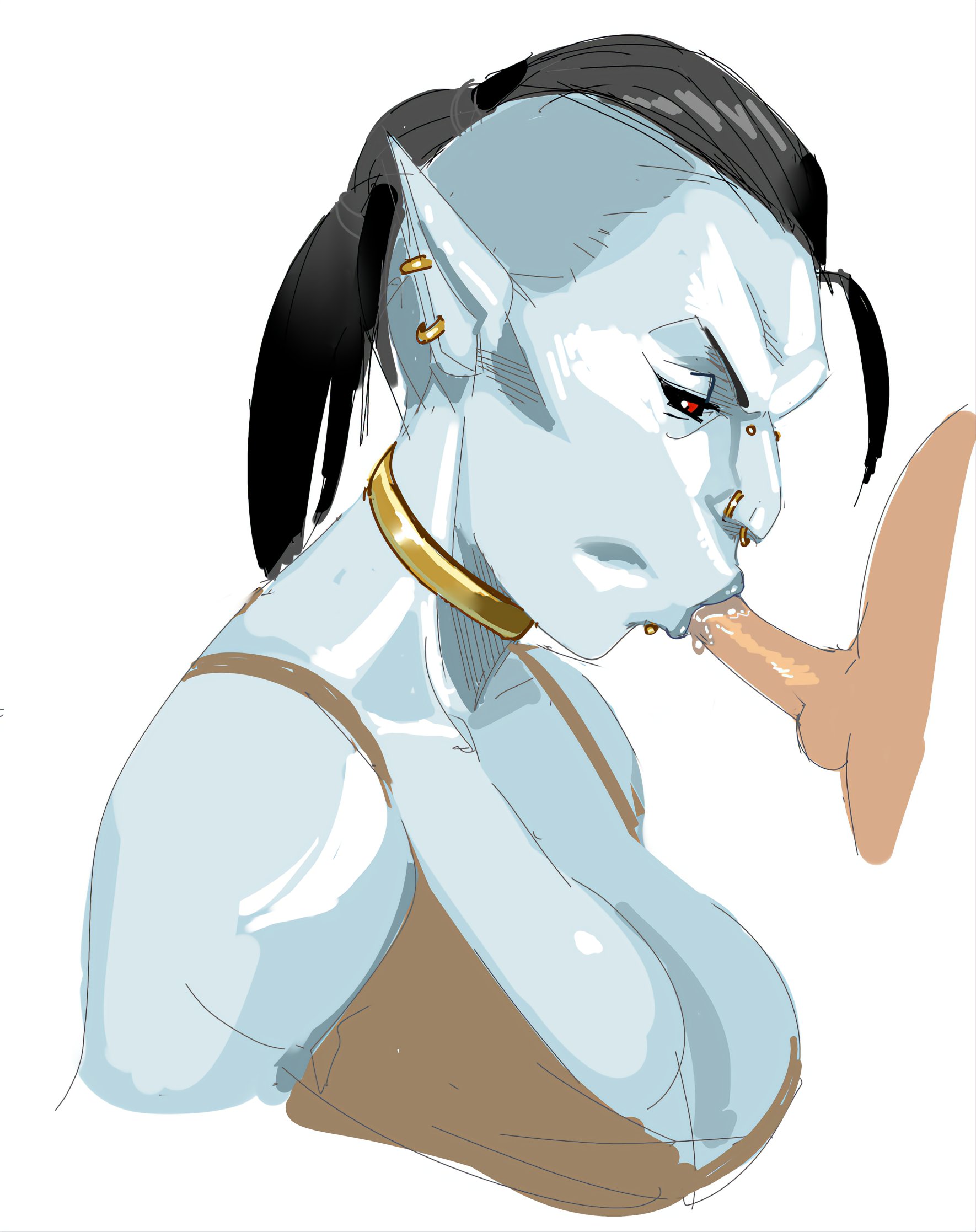 1boy, 1girls, balls, balls grab, big breasts, black fur, black pupils, blowjob, blowjob face, bra, breasts, collar, dick, dunmer, ear piercing, earrings, fellatio, female, grey body, hivethebastard, light skin, light-skinned male, male, monster, monster girl, morrowind, nose piercing, oral, oral sex, penis, penis in mouth, piercing, piercings, pointy ears, red eyes, saliva, small penis, small penis adoration, small penis fellatio, sucking, sucking penis, the elder scrolls, tied hair