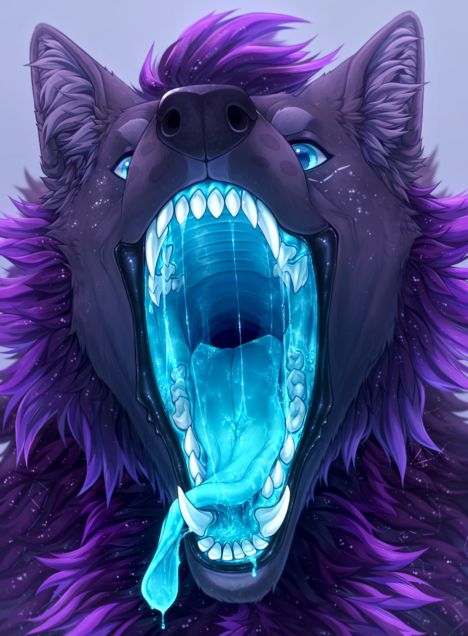 anthro blue_eyes blue_mouth canine cheek_tuft chest_tuft ear_tuft furry_ears glowing_mouth head_tuft imminent_fellatio imminent_vore implied maw mawshot mouth neck_tuft open_mouth purple_fur razz saliva shinyumbra solo teeth tongue_out vore wolf