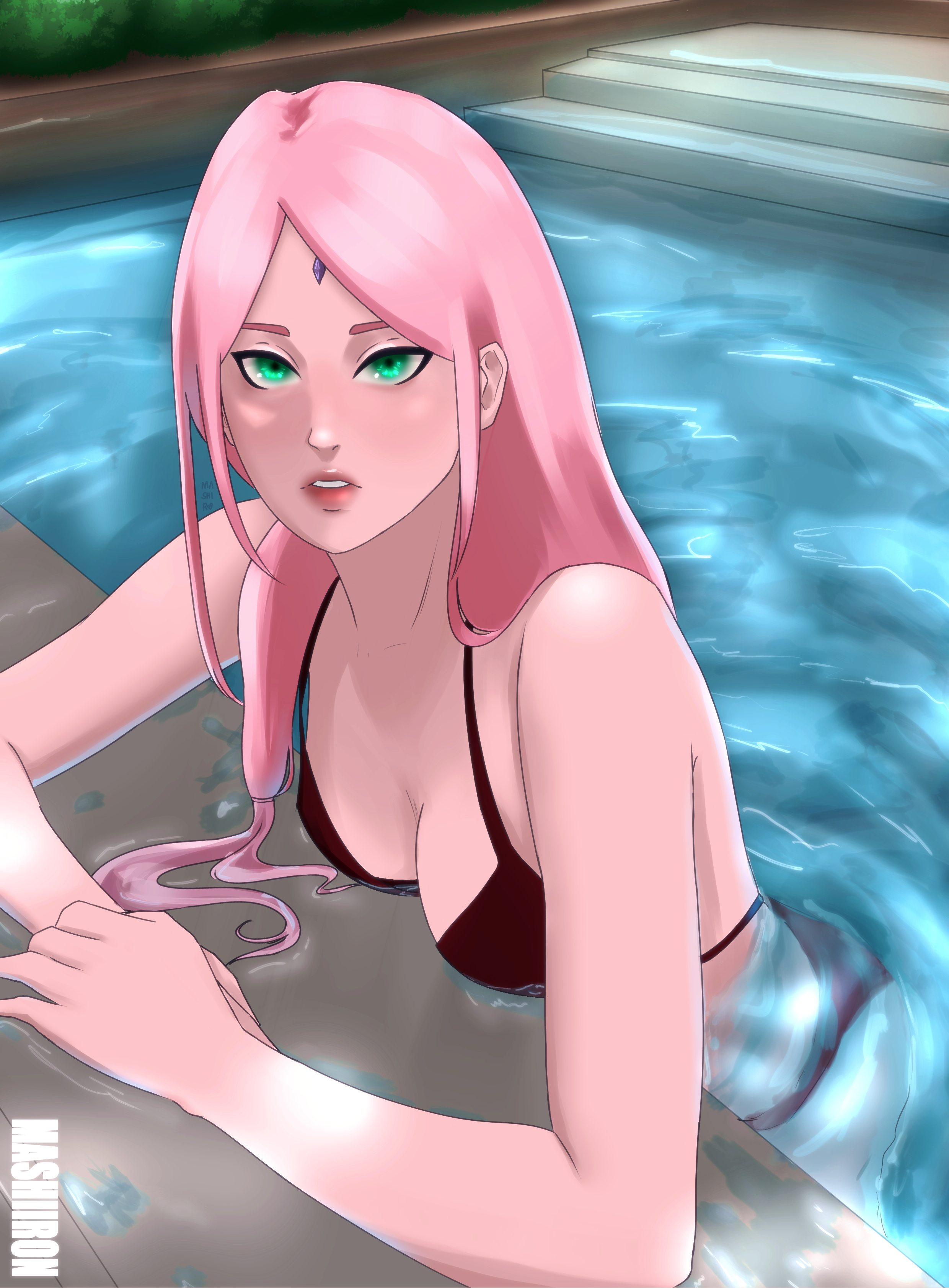 1girls, alternate hair length, alternate hairstyle, arm support, bikini, boruto: naruto next generations, breasts, cleavage, female, female only, fully clothed, green eyes, long hair, looking at viewer, low ponytail, low-tied long hair, mashiir0n, mature, mature female, milf, naruto, naruto (series), pink hair, ponytail, pool, poolside, sakura haruno, solo, solo focus, standing, swimsuit, water