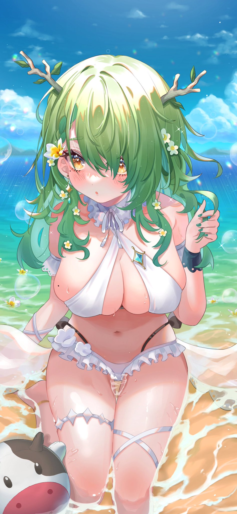 1girls, beach, beauty mark, bikini, bikini bottom, bikini top, blush, blush lines, breasts, ceres fauna, female, flowers in hair, green hair, hololive, hololive english, hololive english -council-, hololive english -promise-, horns, mole, mole on breast, nail polish, plushie, seaside, sitting, virtual youtuber, white bikini, yellow fur