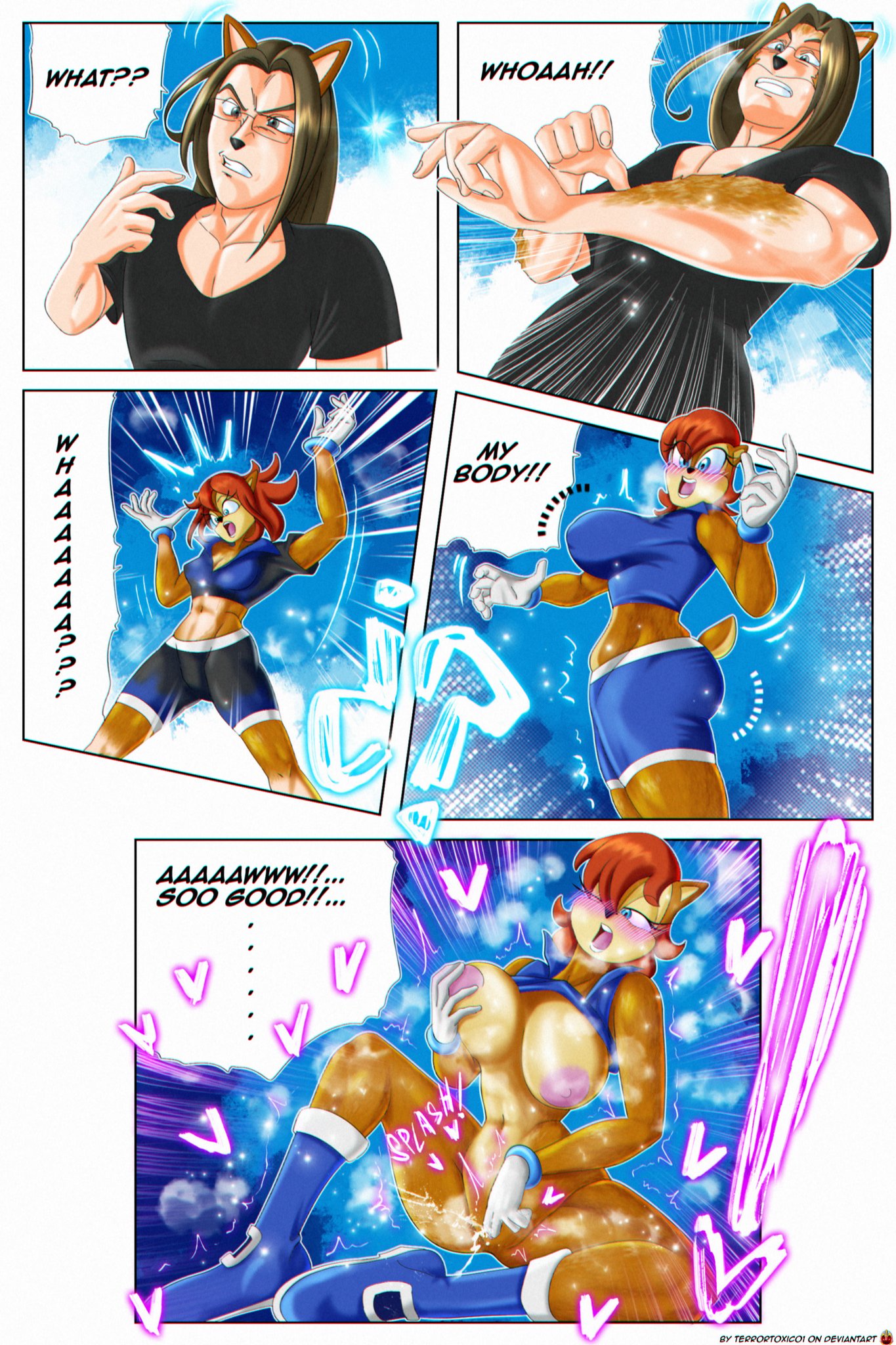 anthro archie_comics big_breasts blue_eyes blush boots breast_expansion breast_growth breasts breath brown_body brown_fur chipmunk clothing clothing_transformation comic expansion eyelashes eyewear female footwear fur gender_transformation glasses gloves ground_squirrel growth hair handwear heart hi_res human human_to_anthro male mammal mtf_transformation navel nipples one_eye_closed open_mouth red_hair rodent sally_acorn sciurid scut_tail sega short_tail signature sonic_(series) sonic_the_hedgehog_(archie) sonic_the_hedgehog_(comics) sonic_the_hedgehog_(series) species_transformation terrortoxico tf_into_fictional_character transformation