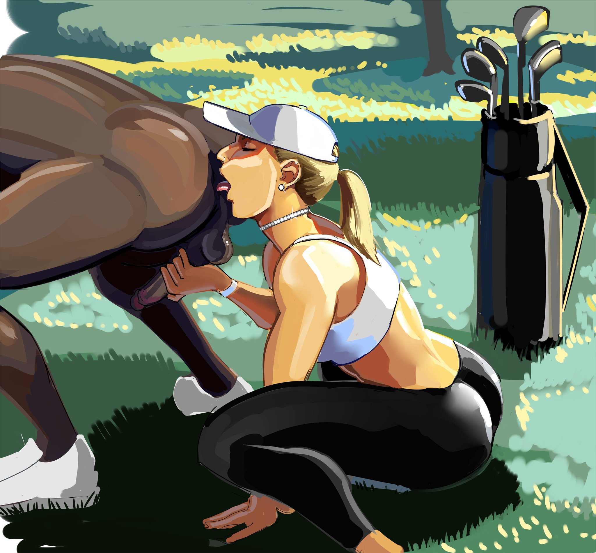 1boy, 1girls, almost naked, anilingus, anilingus from female, anus, aquiline nose, ass, balls, bare shoulders, big breasts, black body, black penis, blonde female, blonde hair, bra, bracelet, breasts, cap, closed eyes, collar, dark skin, dark-skinned male, earrings, earth pony, female, female rimming male, golf, golf club, hat, hivethebastard, interracial, jerking, large ass, large breasts, large penis, licking, licking anus, licking ass, light skin, light-skinned female, lyren (hivebastard), male, masturbation, original, original character, original characters, panties aside, penis, rimming, rimming male, rusty trombone, shoes, shoes only, spots, straight, testicles, thick thighs, thighs, tied hair, toned, toned female, toned male, tongue, tongue out, yellow hair