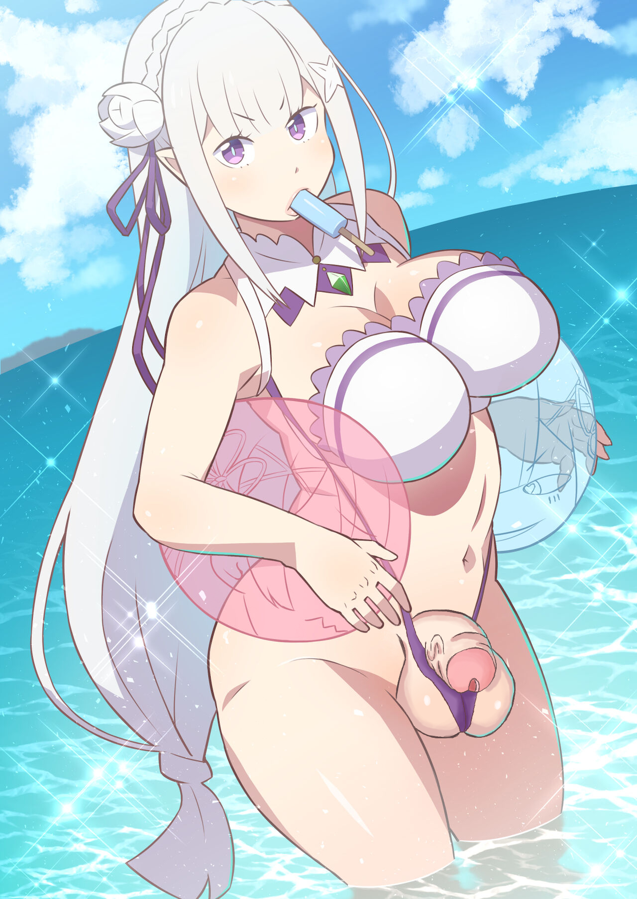 1futa, balls, big breasts, bottomless, breasts, clothed, clothing, edit, edited, emilia (re:zero), flaccid, futa only, futa solo, futanari, human, intersex, light skin, light-skinned futa, mostly nude, nise96, penis, poor quality, purple eyes, re:zero kara hajimeru isekai seikatsu, silver hair, solo, solo futa, standing, testicles