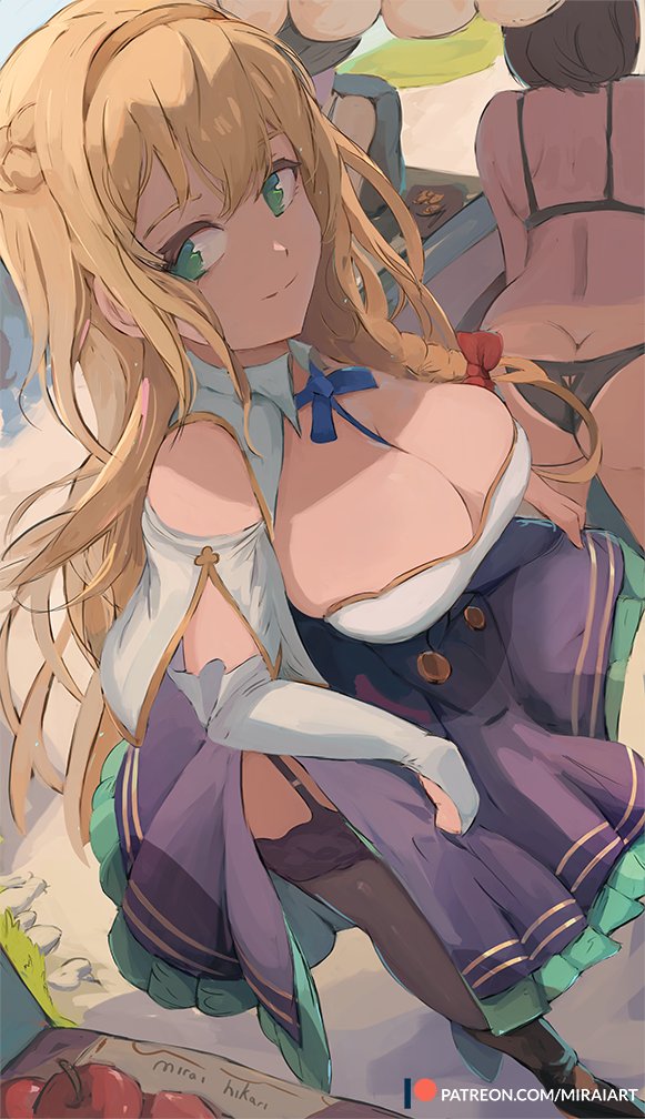2022, 2girls, ass, atelier (series), atelier ryza, bikini, blonde female, blonde hair, breasts, clothed female, female, female only, green eyes, huge breasts, klaudia valentz, large ass, light skin, light-skinned female, long hair, looking at viewer, massive breasts, miraihikari, reisalin stout, smile, tan, tan-skinned female, tanline, tanlines, tanned skin, watermark