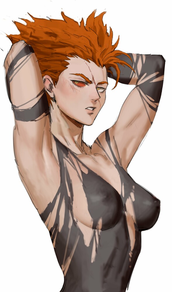 armpits arms_behind_head arms_up black_bodysuit blush bodysuit breasts breasts_apart clenched_teeth clothing colored_sclera covered_erect_nipples dudlesnoodles erect_nipples erect_nipples_under_clothes eyebrows eyelashes female female female_only garou_(one-punch_man) genderswap_(mtf) high_resolution looking_at_viewer medium_breasts nipples one-punch_man orange_hair orange_sclera pointy_hair rule_63 scar scar_on_face simple_background solo teeth torn_clothes upper_body very_high_resolution white_background yellow_eyes