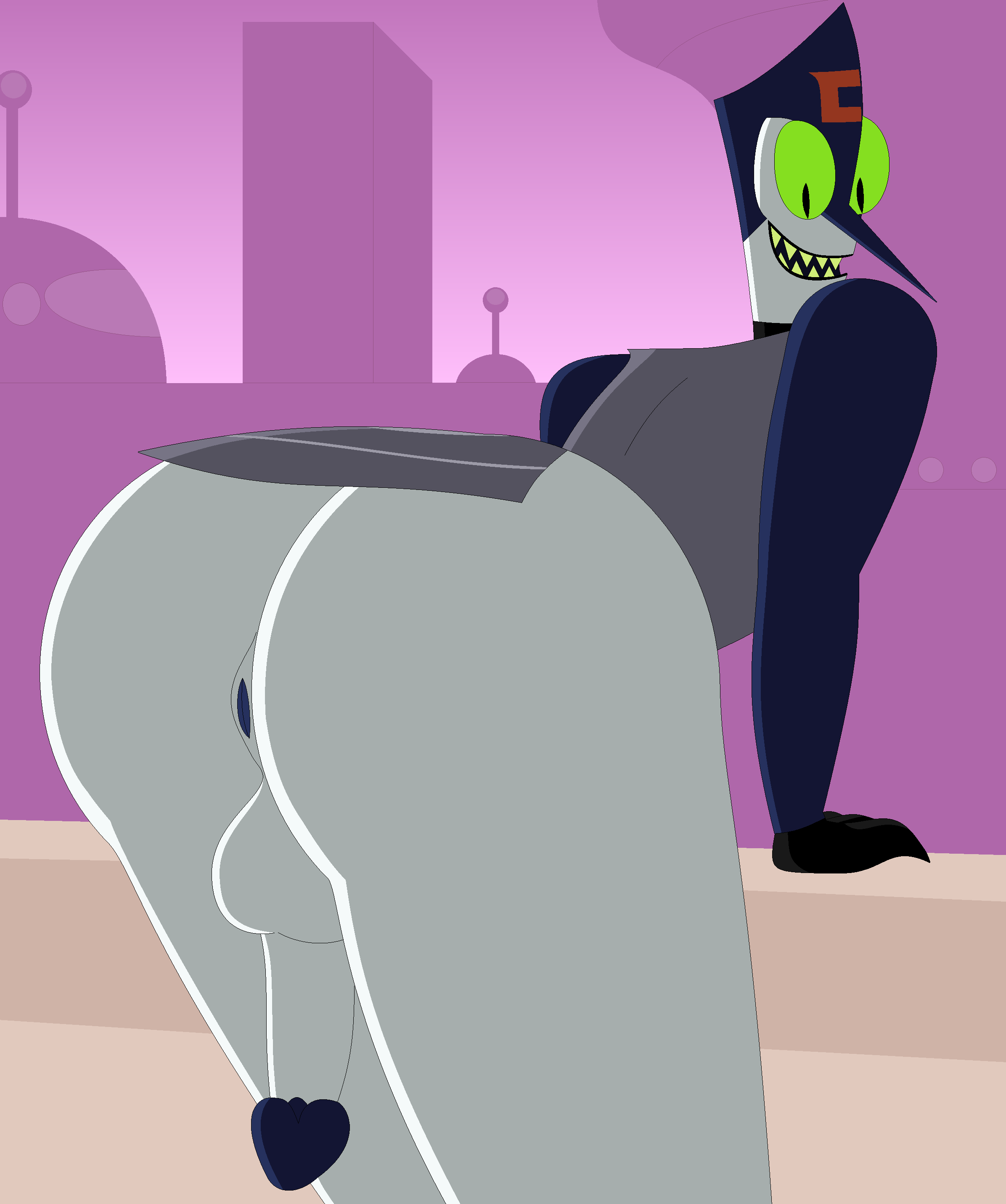 ass black_gloves city escape_from_cluster_prime green_sclera green_teeth looking_back male male_focus my_life_as_a_teenage_robot nathaniel718 nickelodeon penis pink_sky pointy_nose snarus_(mlaatr) white_skin