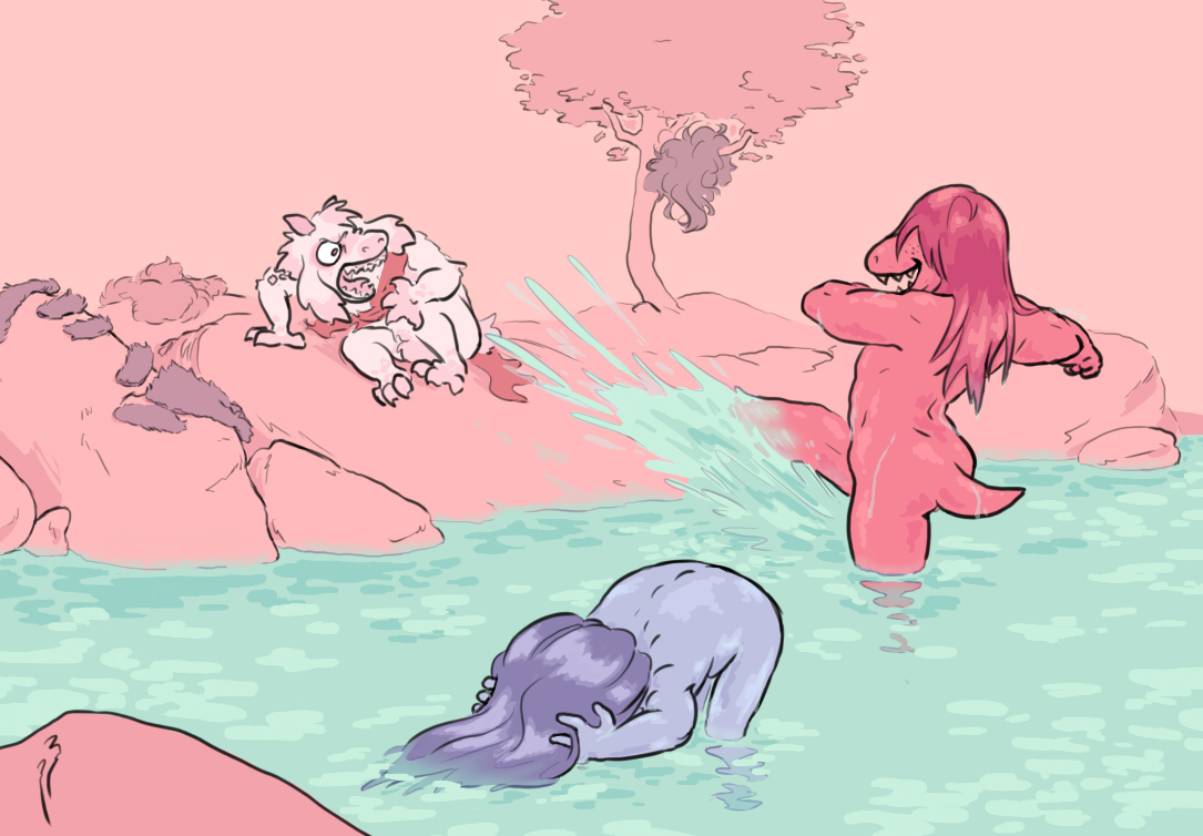 ambiguous gender, ass, blue body, blue hair, blue skin, casual, casual exposure, casual nudity, deltarune, female, feral, goat, goat horns, gremlin, hi res, high resolution, human, kris (deltarune), long hair, male, nude, outdoors, petsusie, pink scales, playing, pond, primitive, ralsei, scalie, scalie humanoid, scarf, scenery, sharp teeth, snout, susie (deltarune), tail, tree, water, white fur