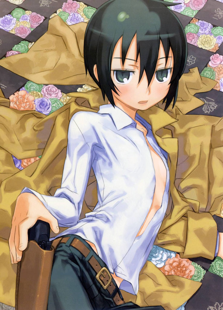 belt black_hair bottomwear clothing dress_shirt edited female firearm flat_chest flower grey_eyes gun handgun holster human jacket kino kino_no_tabi open_clothes outerwear pants photoshop revolver topwear weapon