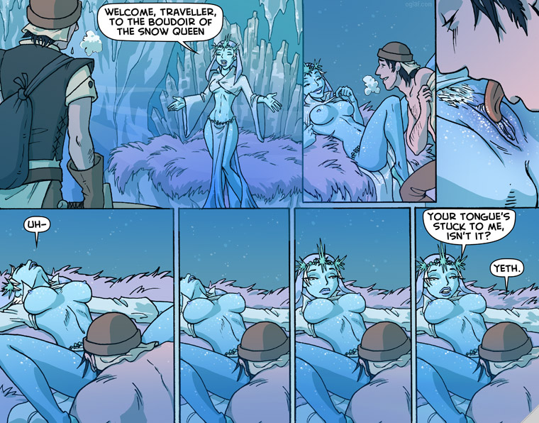 breasts cunnilingus dialogue english_text female frozen_to_each_other human humor male oglaf oral oral_sex pussy sex snow_queen speech_bubble straight stuck_together text tongue_out trudy_cooper