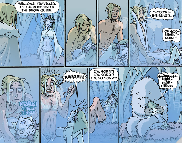 blonde_hair bodil_bodilson breasts broken cave comic crown crying doggy_style dress eyes female funny hair human ice icetaps long_hair male monster oglaf penectomy penis queen royalty sex shocked smile snow snow_queen straight tear what yeti