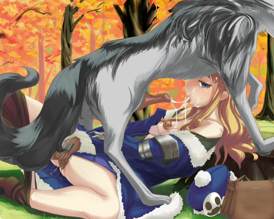 animal blonde_hair blue_eyes bra breasts canine canine_penis clothing cum cum_in_mouth cum_on_breasts etrian_odyssey female feral hair hat human interspecies kemokemo_gdgd knot long_hair lying male mammal masturbation nipples oral penis small_breasts straight wolf zoo zoophilia