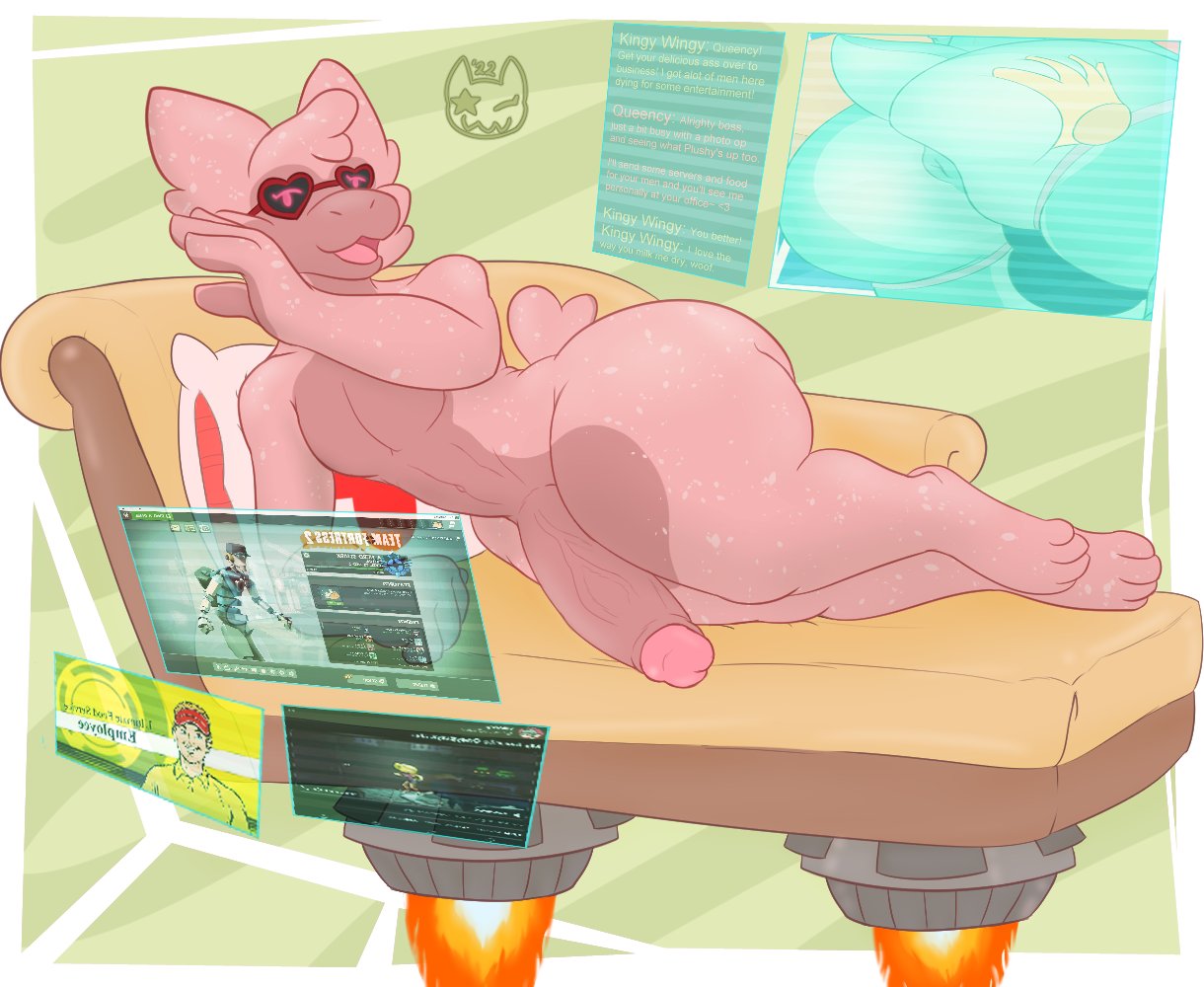 <3_glasses 2022 anthro ass bedroom_eyes big_penis bottom_heavy english_text eyewear femboy fire genitals glasses gremlin_(spiral_knights) hand_on_butt hoverboard hung_trap inviting male male_only narrowed_eyes navel nude open_mouth open_smile penis pillow pink_body pink_eyes plooshytooshy plushy_(aurathecynders) queency_(aurathecynders) raised_tail seductive small_tail smile solo spiral_knights spread_butt spreading teal_body team_fortress_2 text text_box valve vein video_games